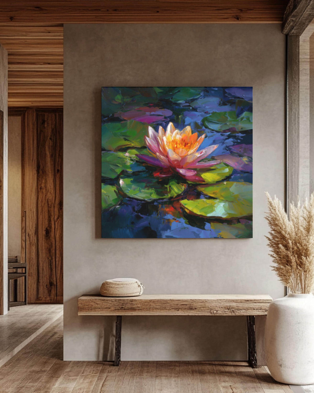 Pink Orange Water Lily Wall Art | Colorful Lotus Oil Painting Canvas