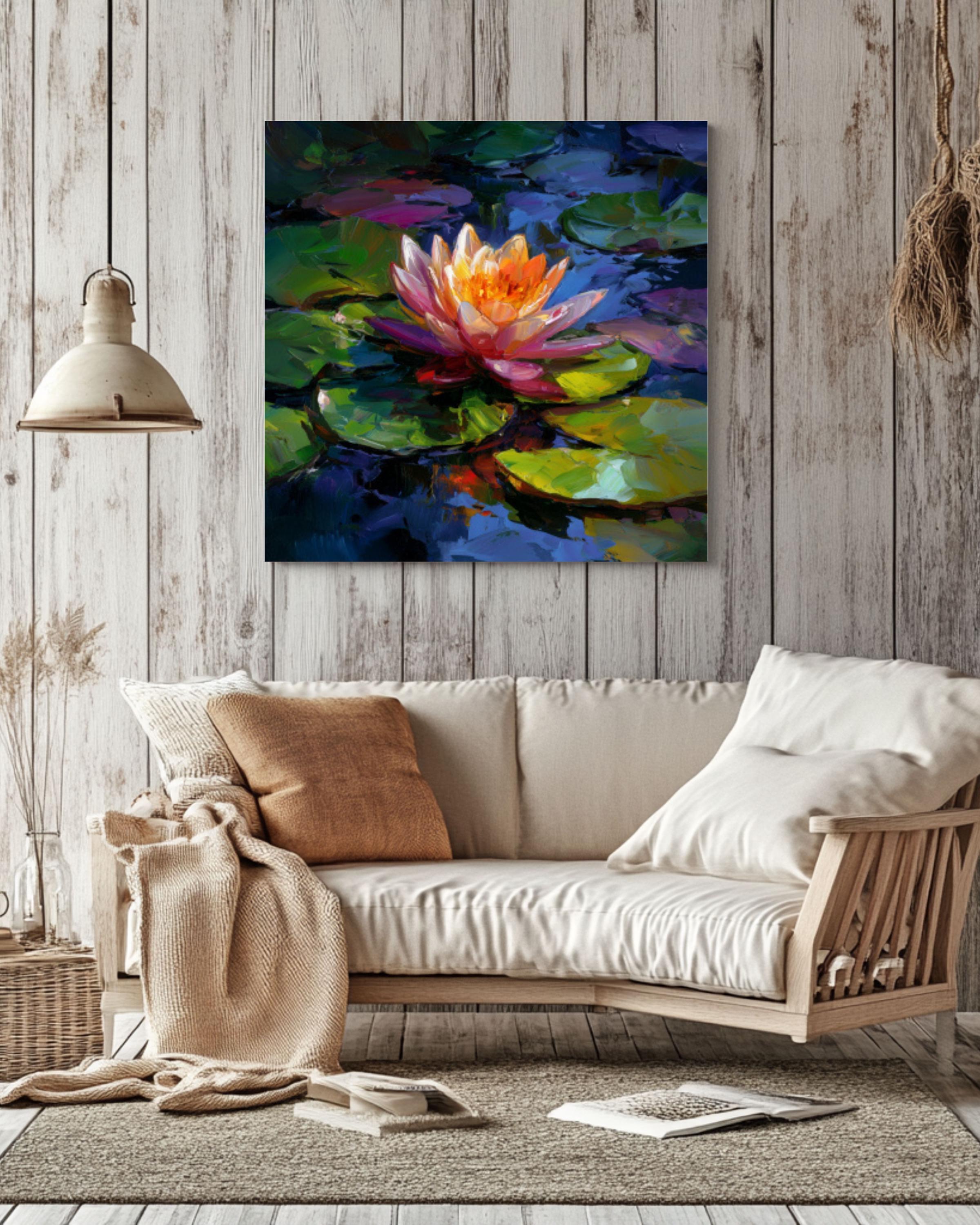 Pink Orange Water Lily Wall Art | Colorful Lotus Oil Painting Canvas