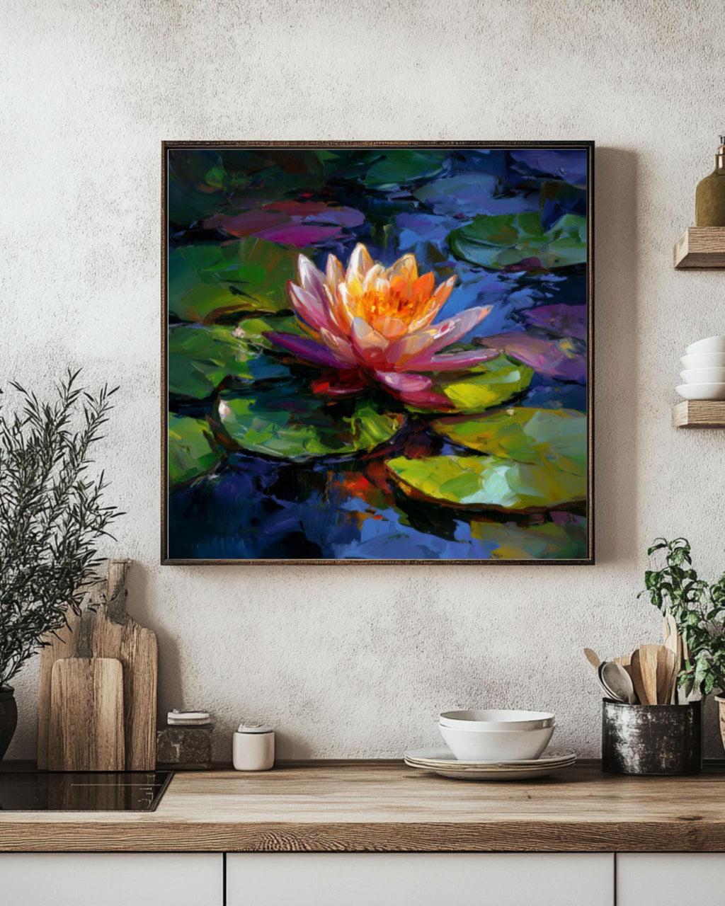 Pink Orange Water Lily Wall Art | Colorful Lotus Oil Painting Canvas