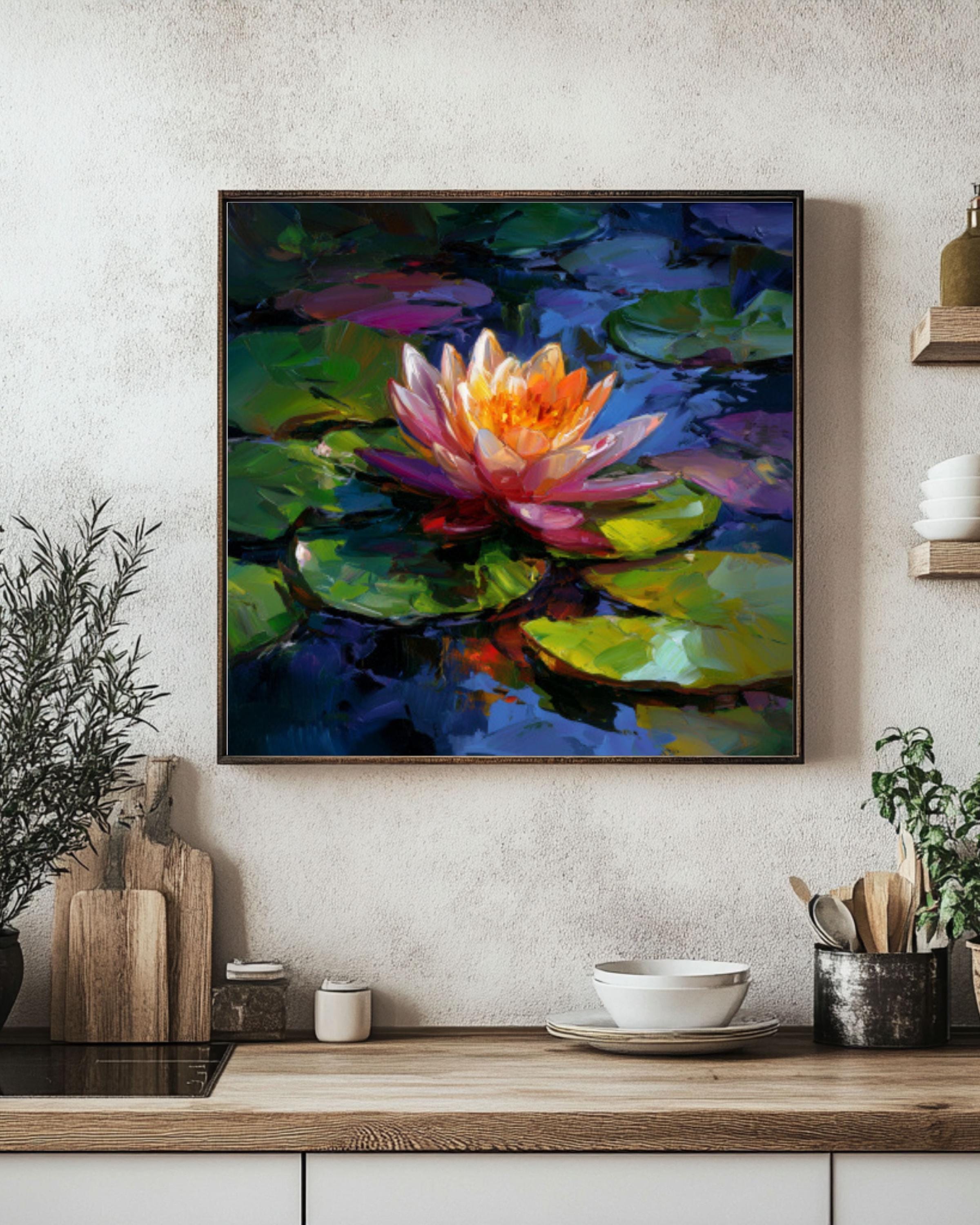Pink Orange Water Lily Wall Art | Colorful Lotus Oil Painting Canvas