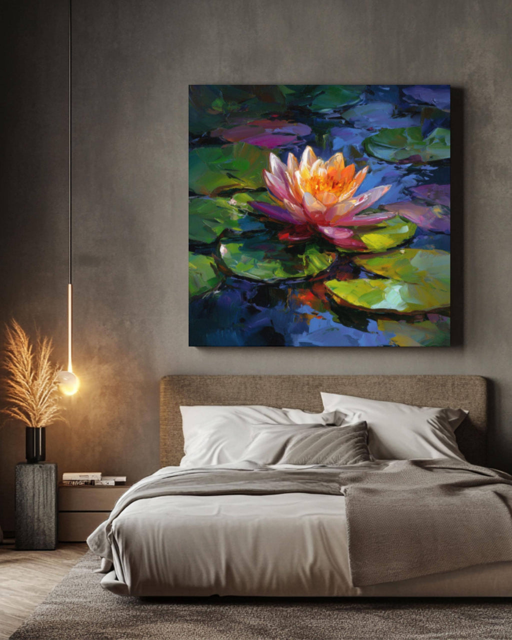 Pink Orange Water Lily Wall Art | Colorful Lotus Oil Painting Canvas