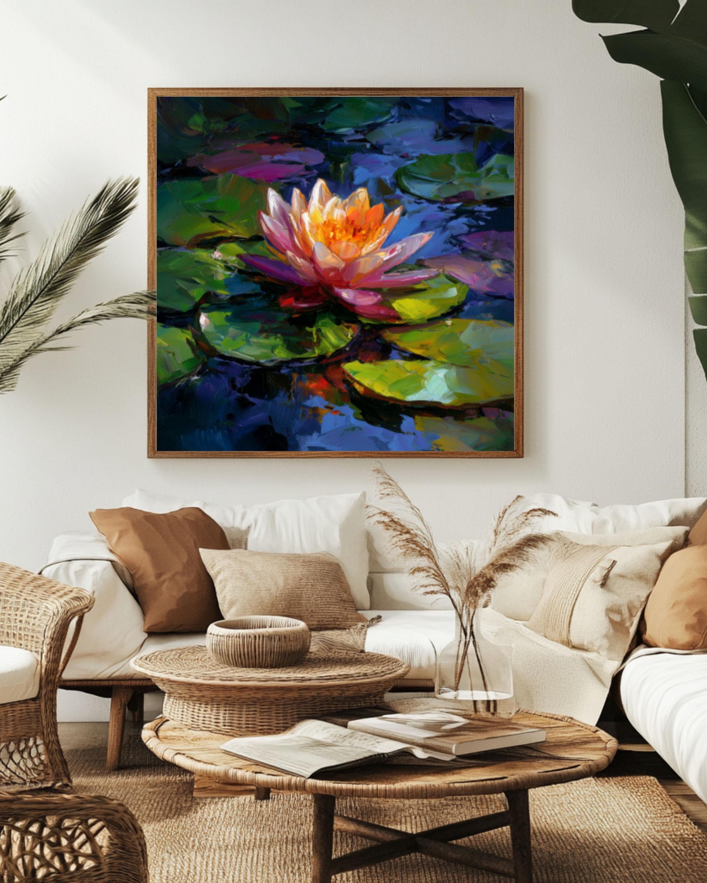 Pink Orange Water Lily Wall Art | Colorful Lotus Oil Painting Canvas