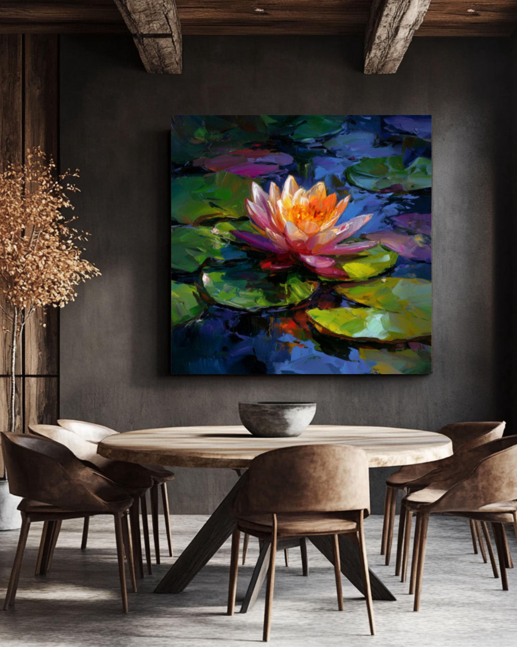 Water Lily Oil Painting: Pink Orange Lotus, Colorful Brush Strokes for home and office wall décor