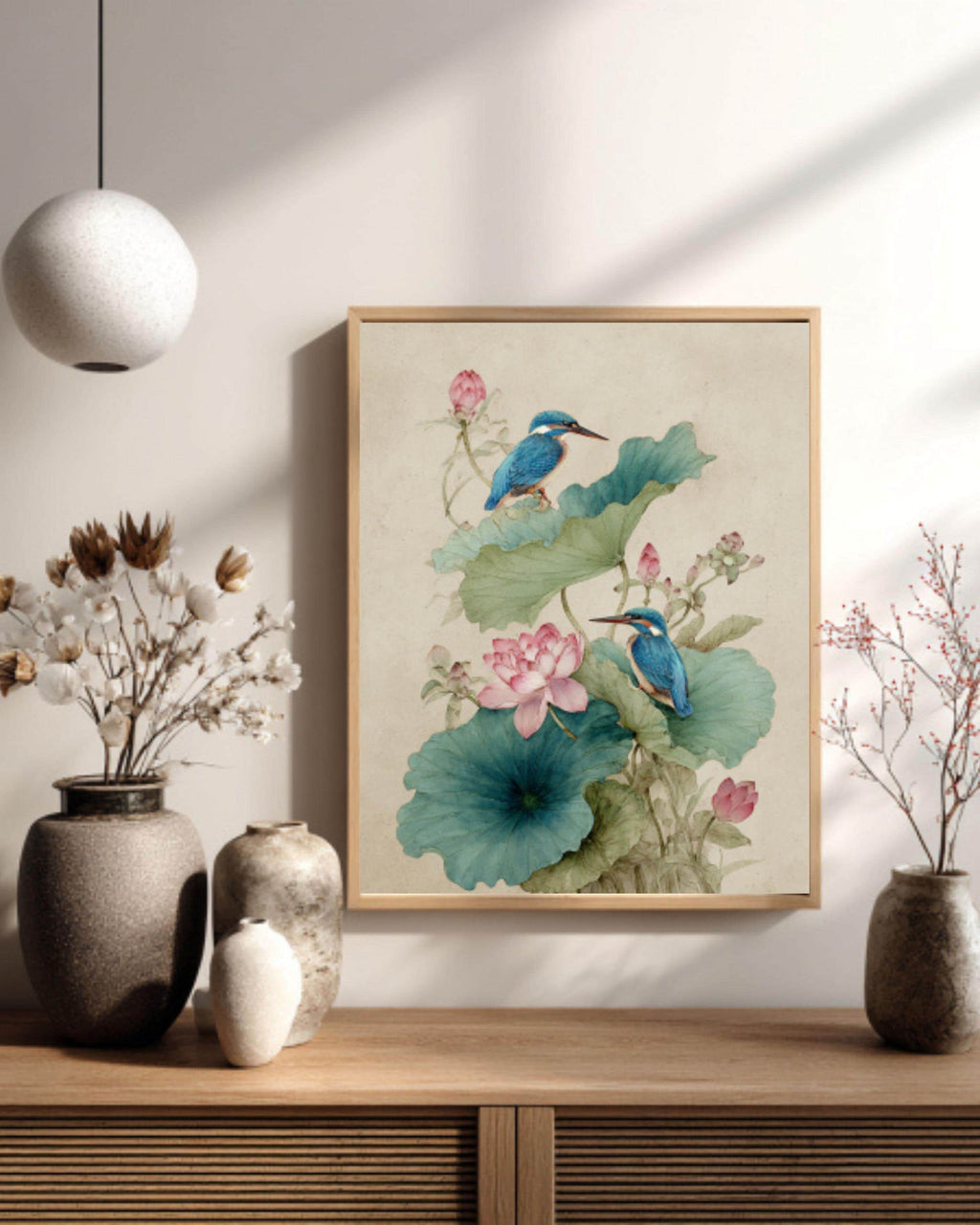 Lotus Kingfishers Wall Art | Traditional Chinese Watercolor Canvas Print