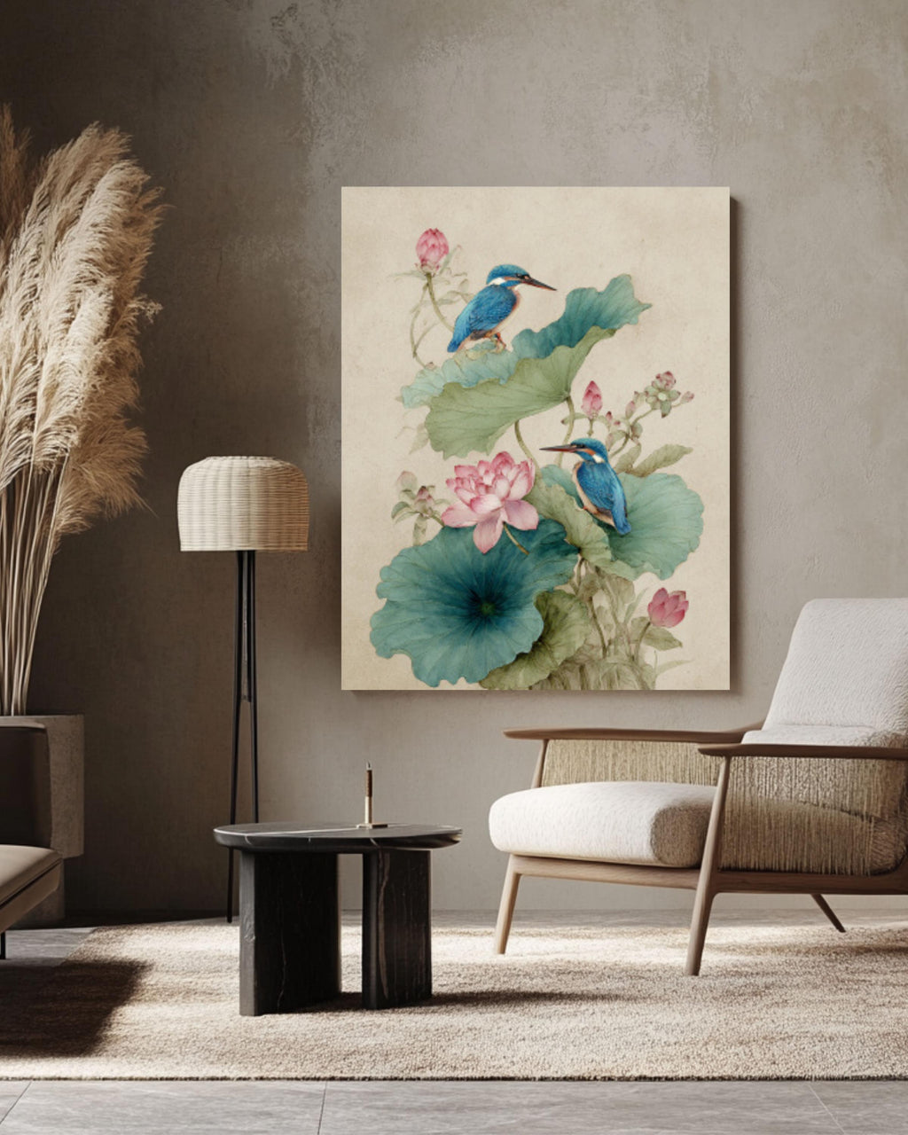 Lotus Kingfishers Wall Art | Traditional Chinese Watercolor Canvas Print