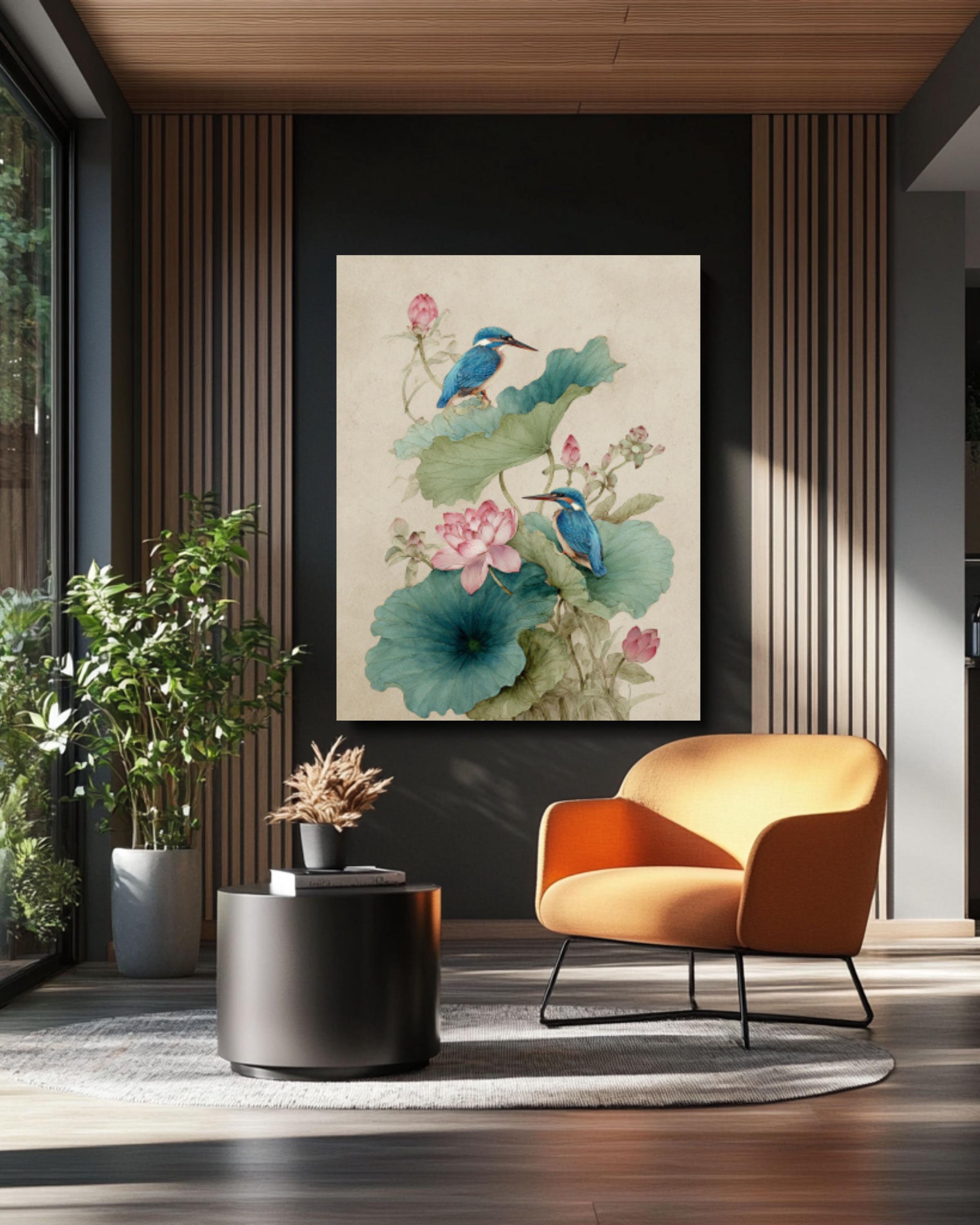 Lotus Kingfishers Wall Art | Traditional Chinese Watercolor Canvas Print