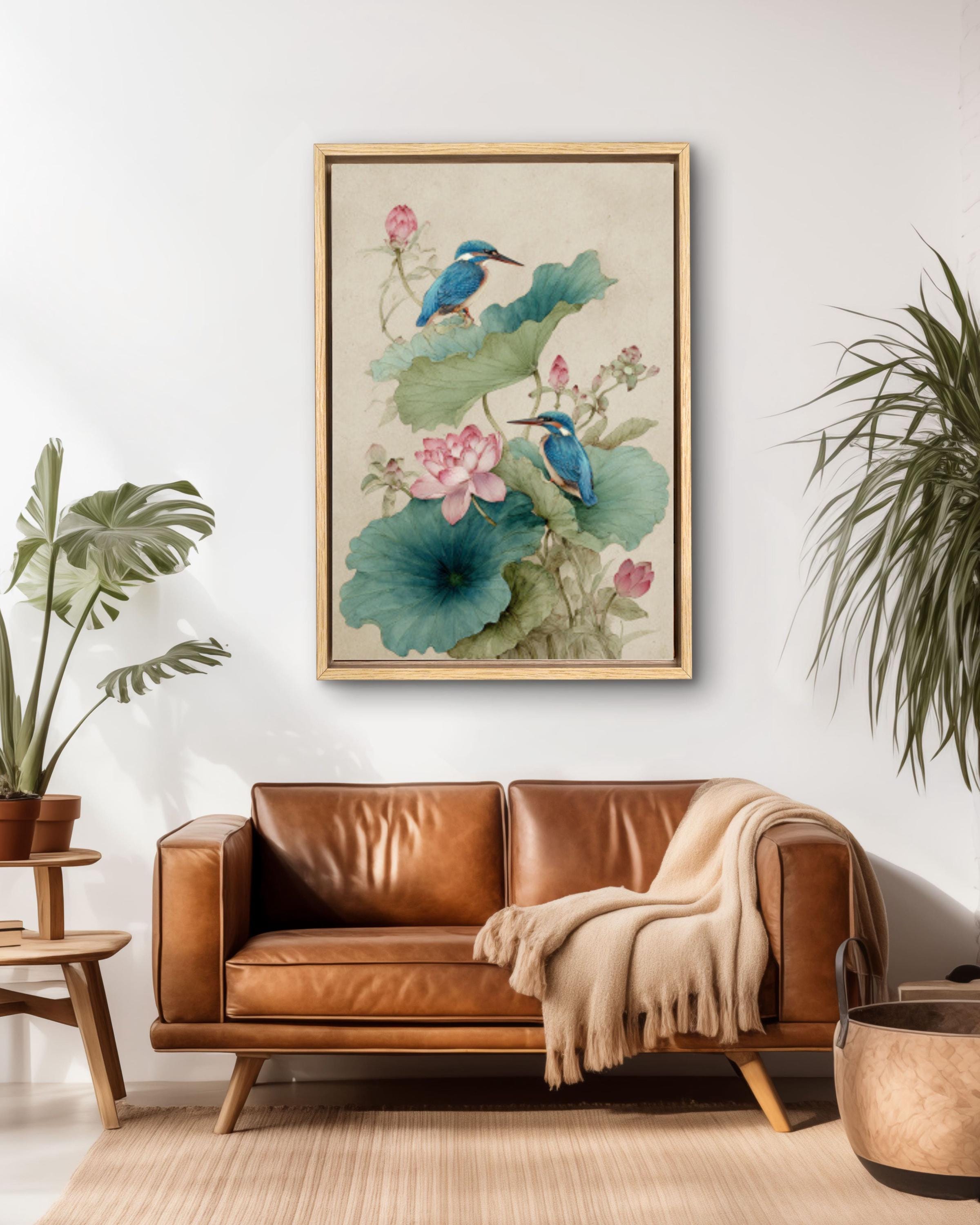 Lotus Kingfishers Wall Art | Traditional Chinese Watercolor Canvas Print