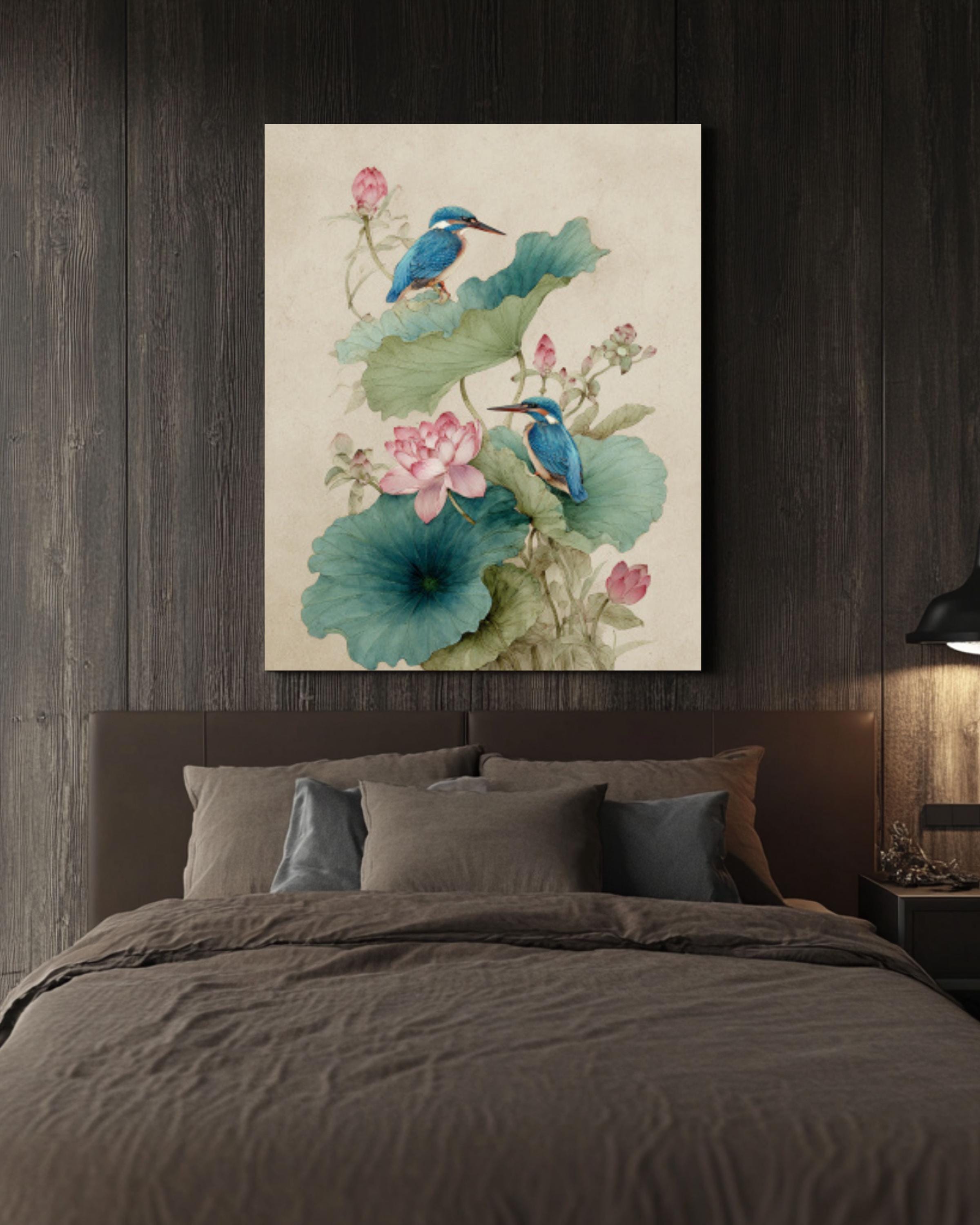 Lotus Kingfishers Wall Art | Traditional Chinese Watercolor Canvas Print