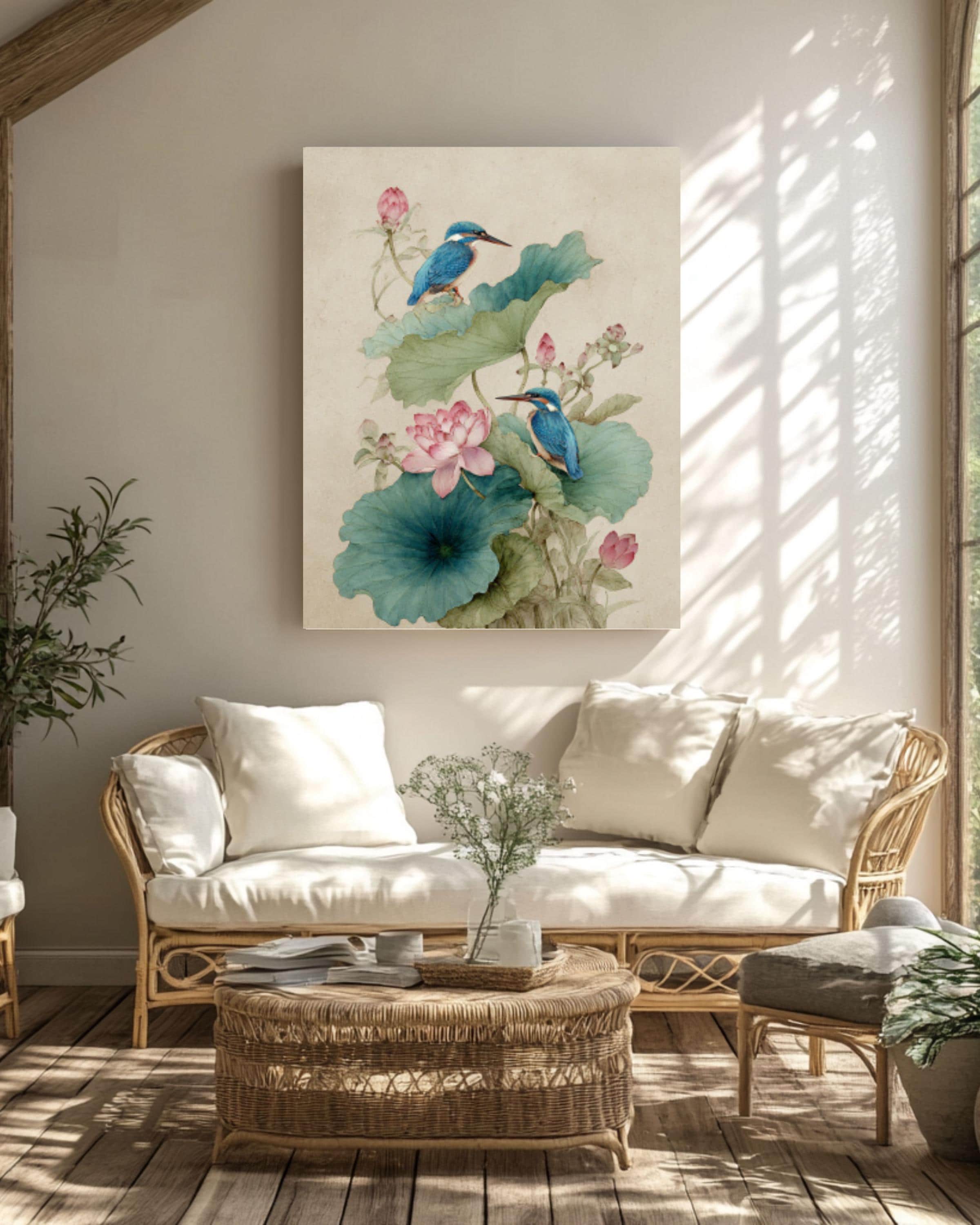 Lotus Kingfishers Art: Traditional Chinese Watercolor Painting, Elegant Wall Decor for home and office wall décor