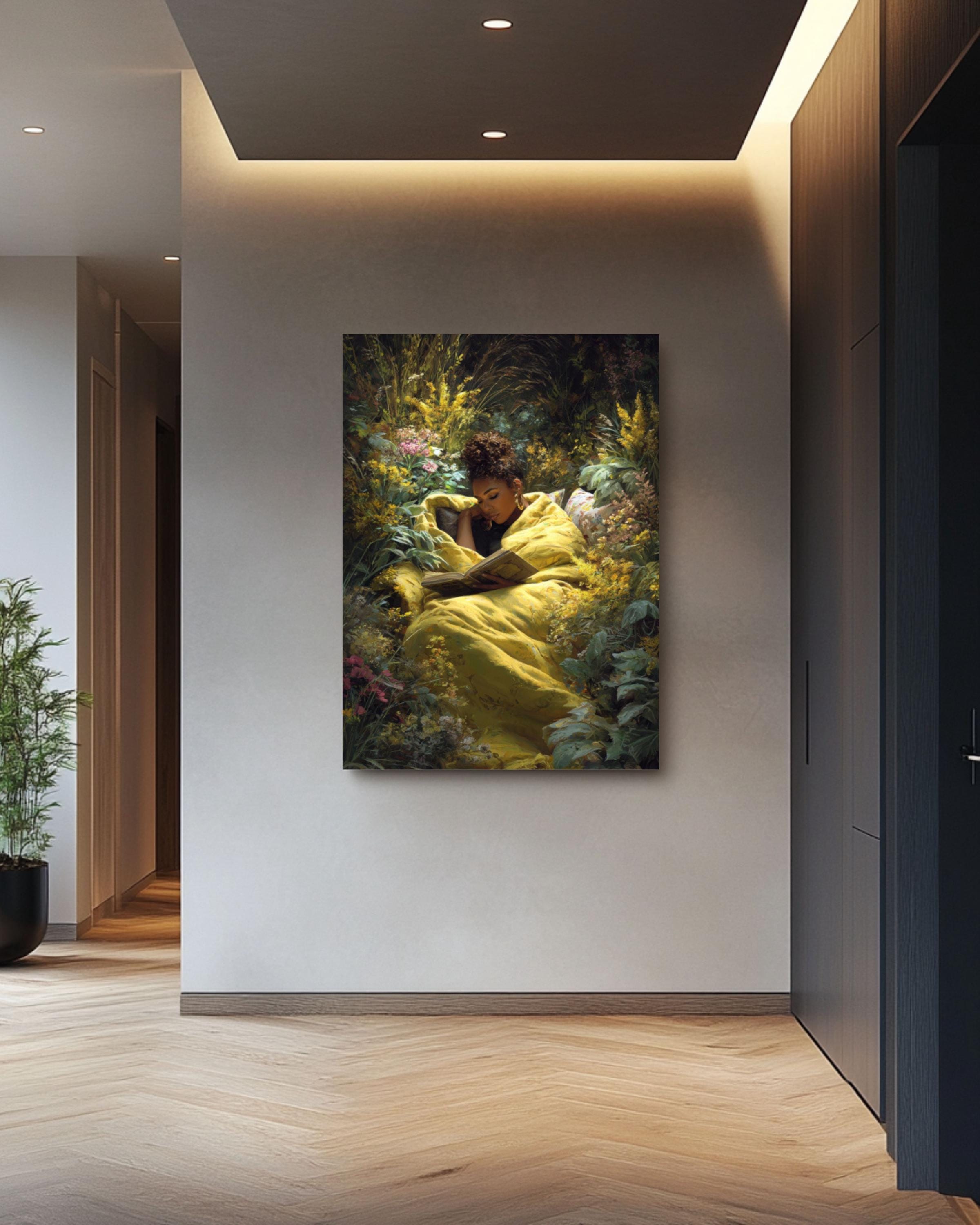 Black Woman Reading Wall Art | Garden Scene Canvas Print | Cozy Decor