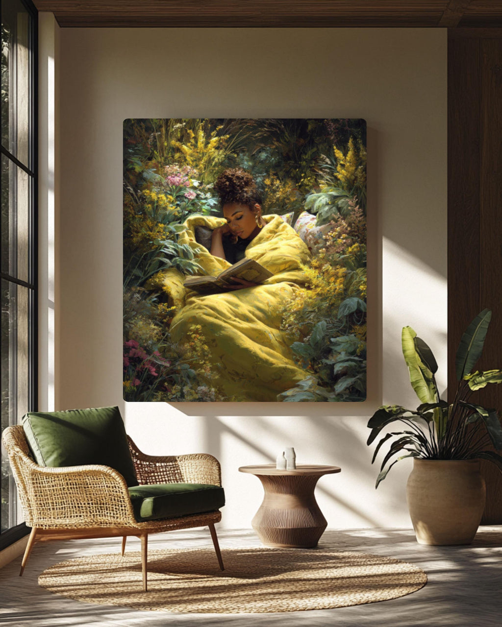 Black Woman Reading Art: Jocoprito Style Garden Print - Cozy Home Decor for home and office wall décor