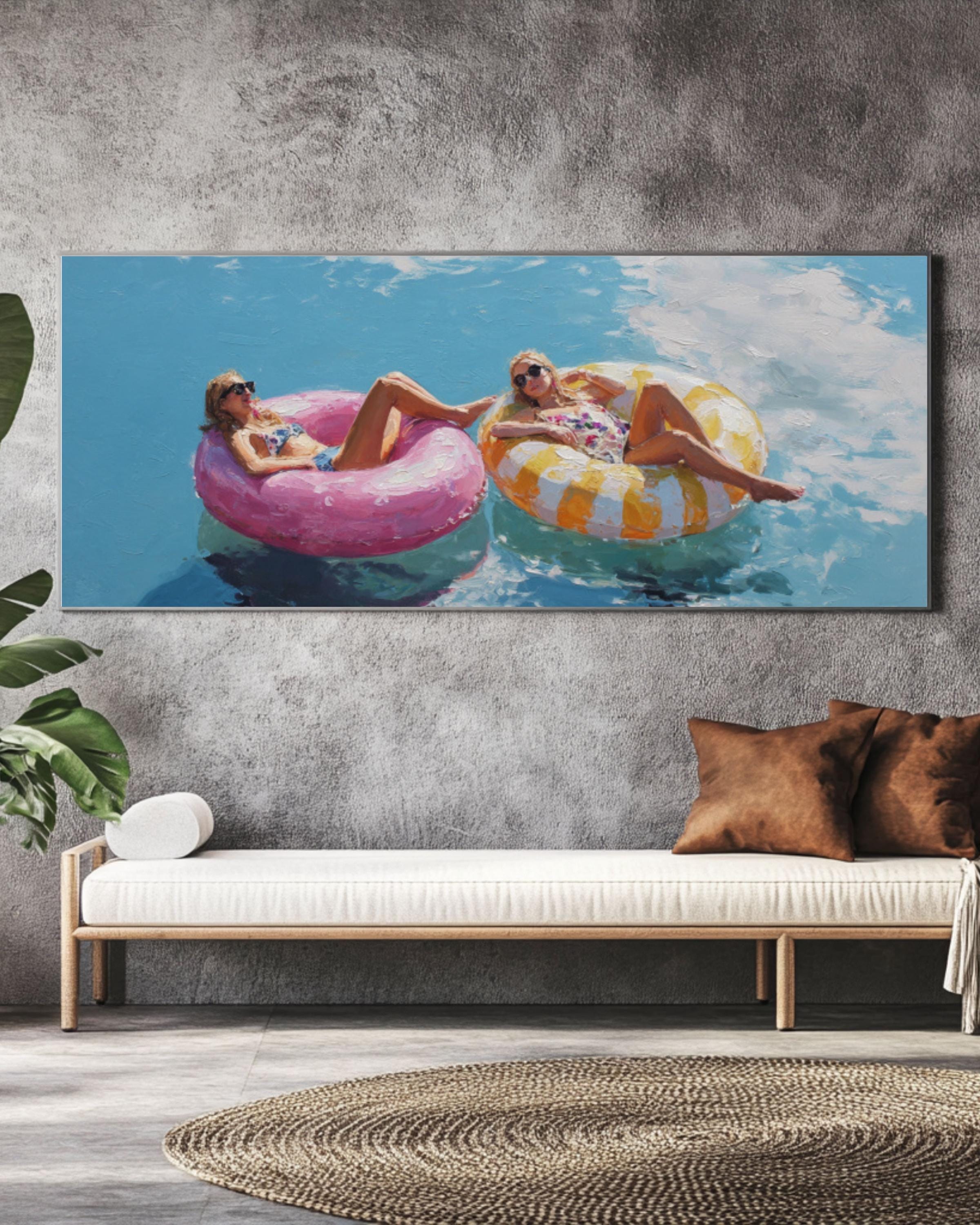 Pastel Floats Oil Painting: Minimalist Coastal Art, Blue Sky Canvas for home and office wall décor