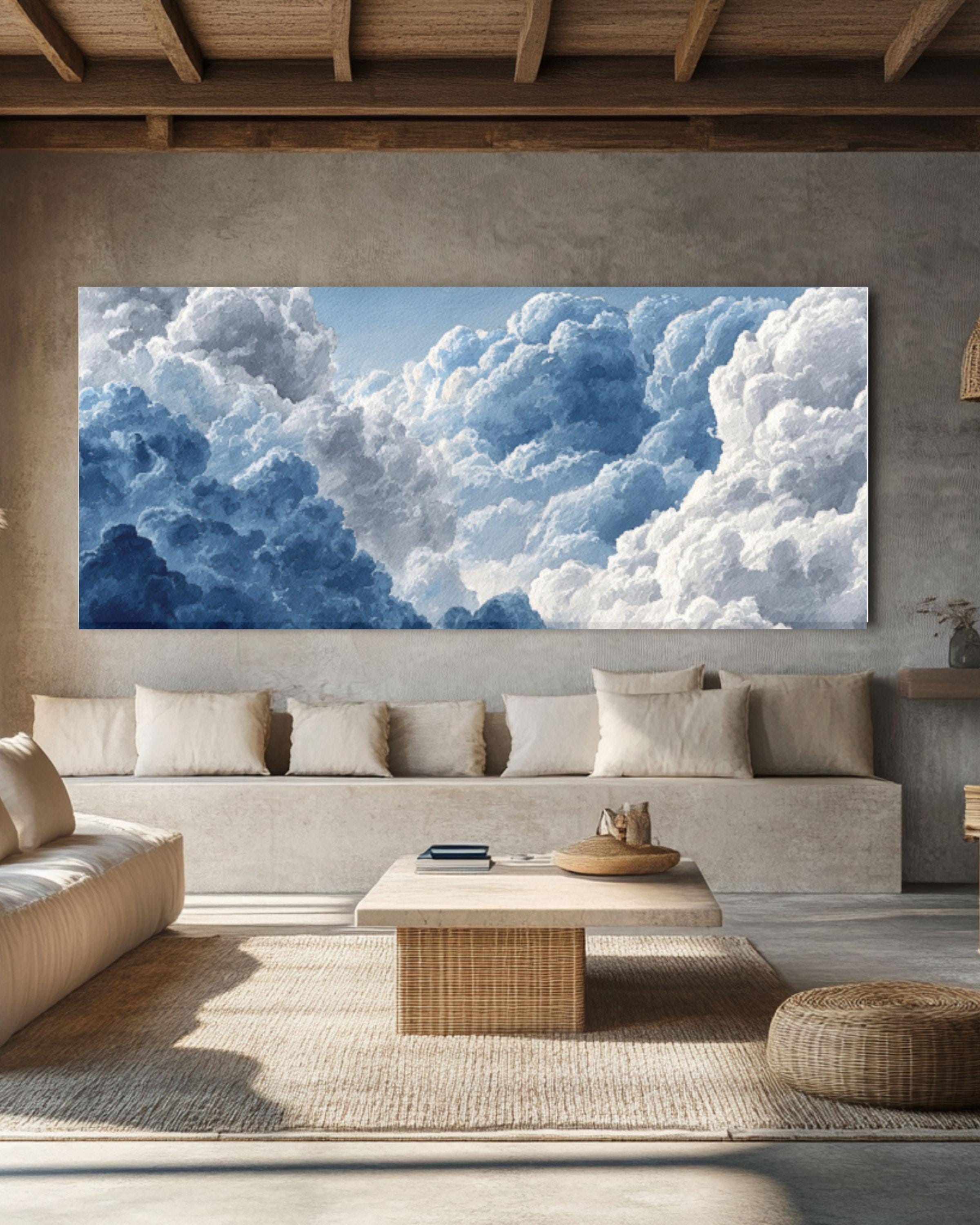 Blue Cloud Watercolor Canvas Art – Minimalist Abstract Sky
