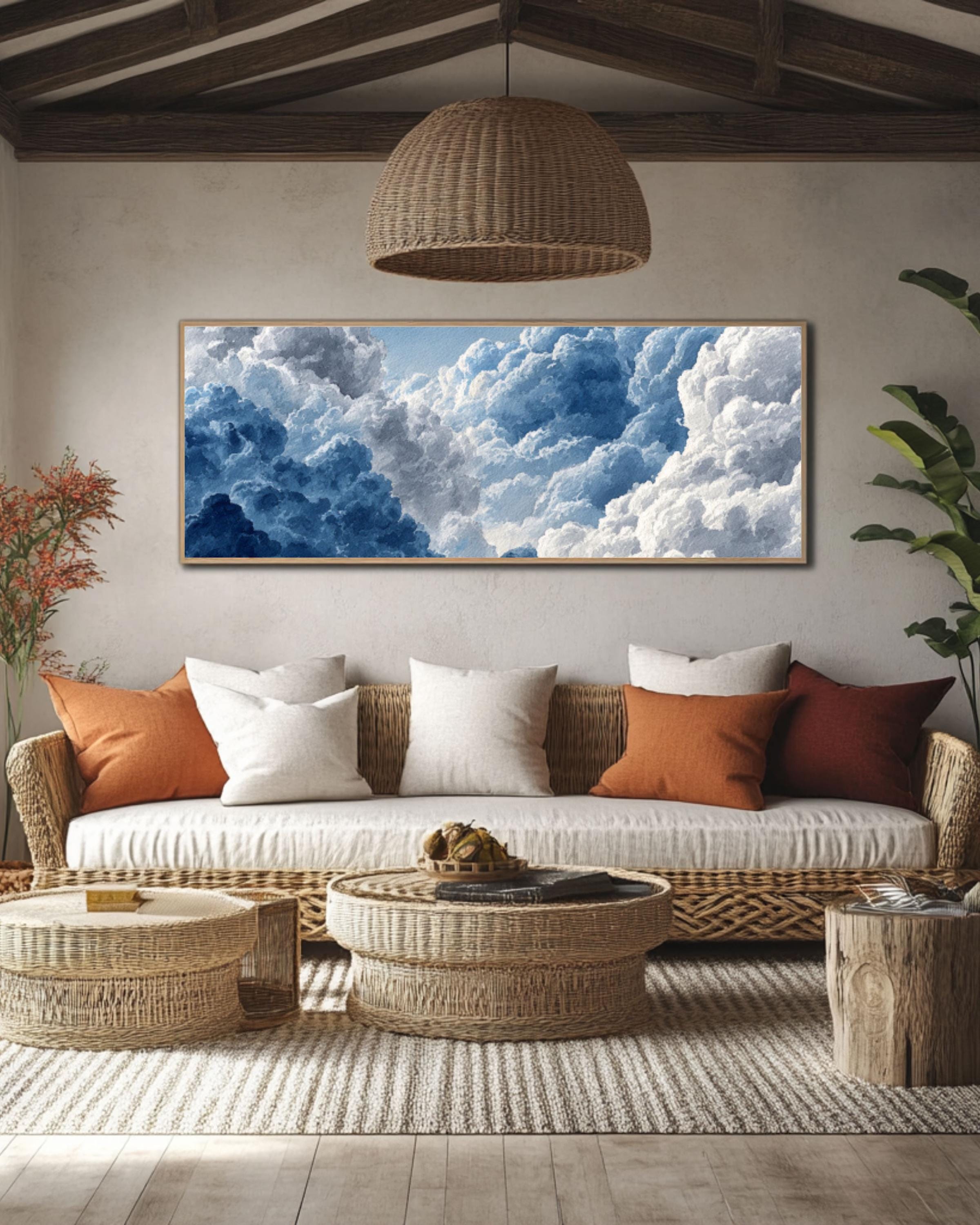 Blue Cloud Watercolor Canvas Art – Minimalist Abstract Sky