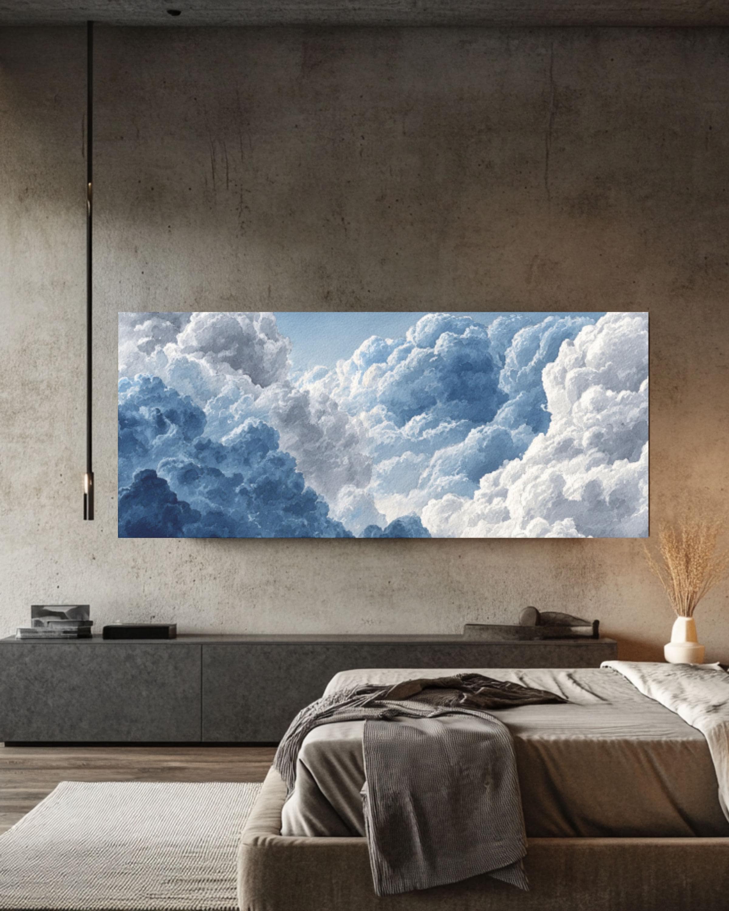 Blue Cloud Watercolor Canvas Art – Minimalist Abstract Sky