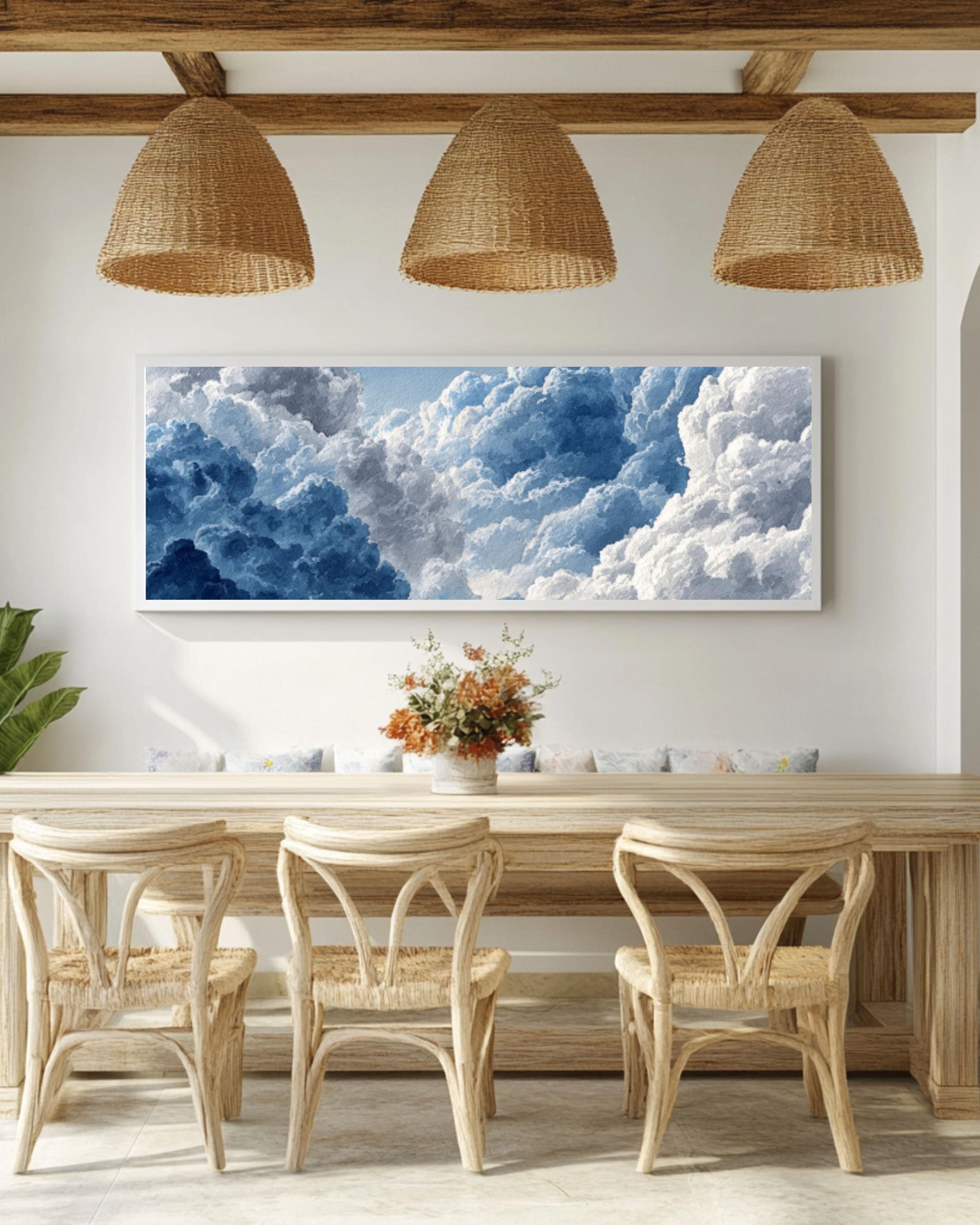 Blue Cloud Watercolor Canvas Art – Minimalist Abstract Sky
