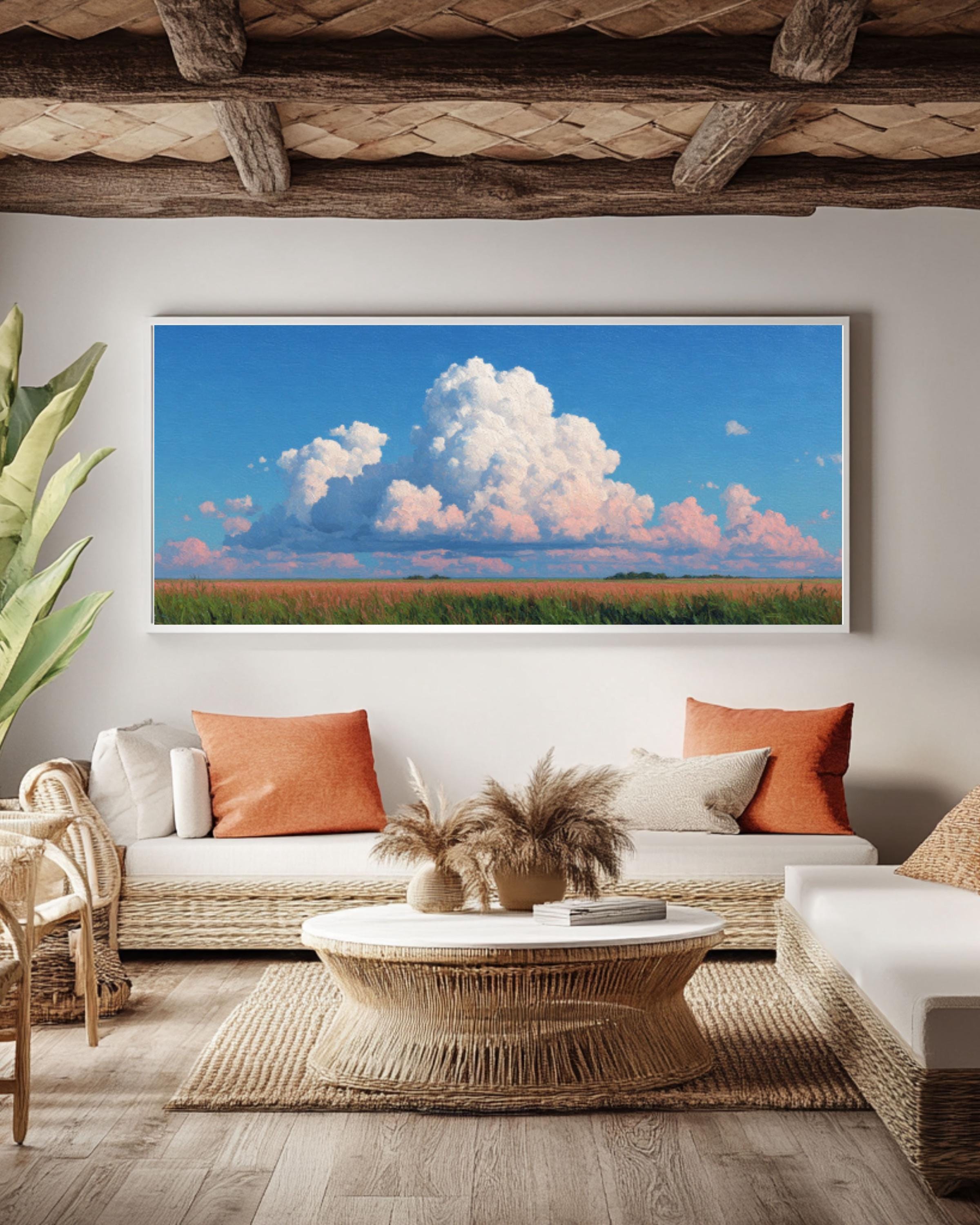 White Cloud Landscape Canvas Art – Vintage Sky Painting