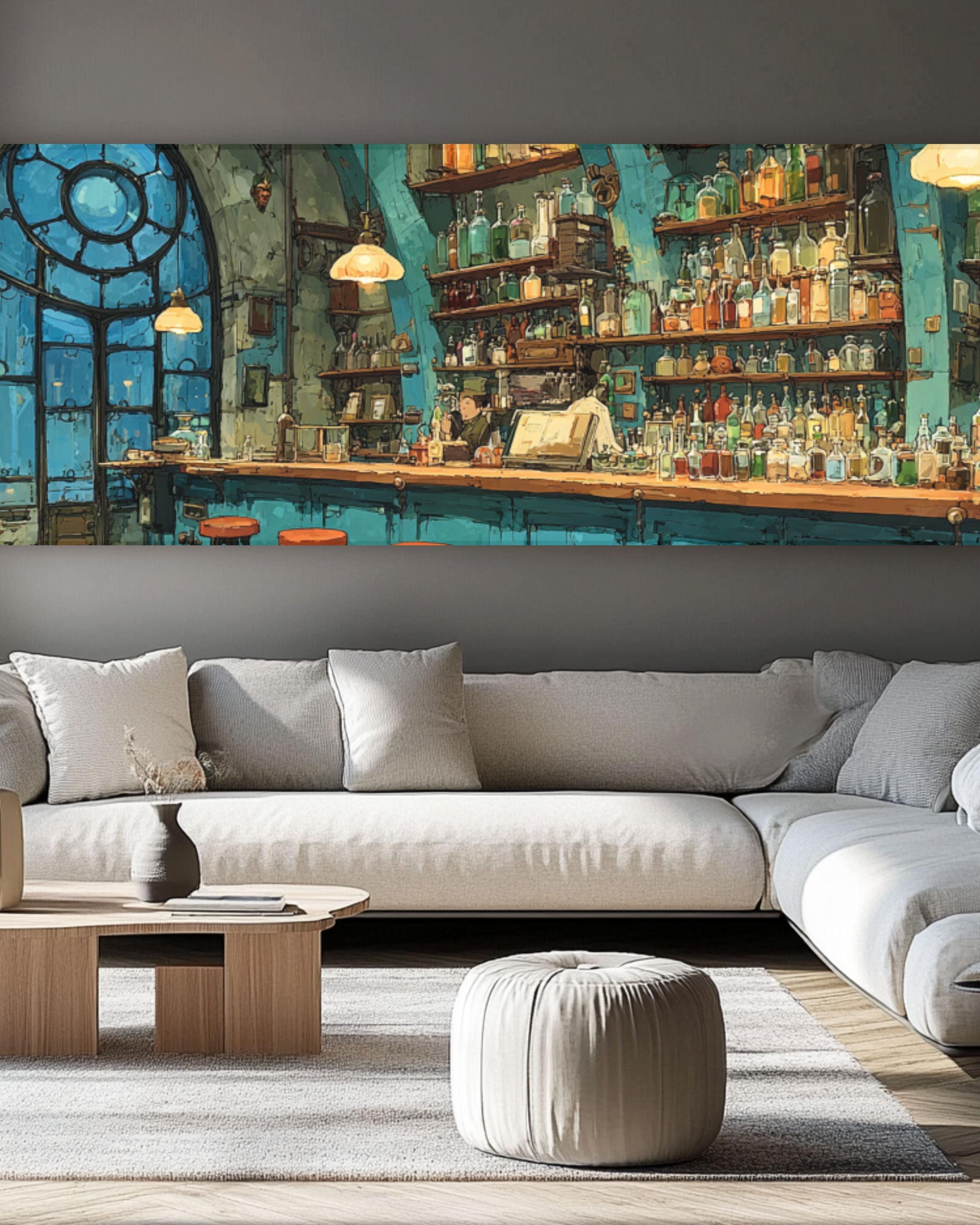 Steampunk Bar Canvas Wall Art – Colorful Bottles Fantasy Interior