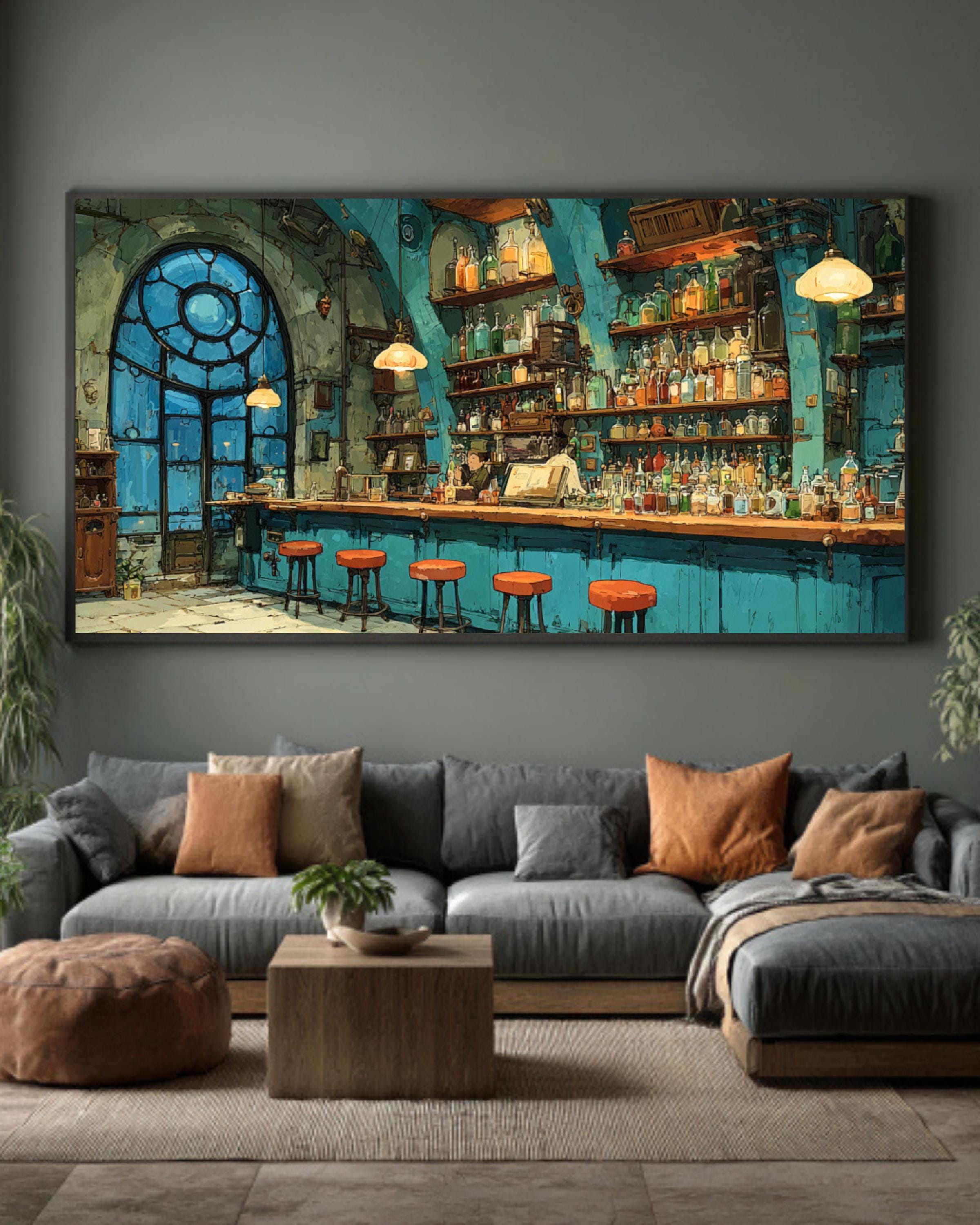 Steampunk Bar Canvas Wall Art – Colorful Bottles Fantasy Interior