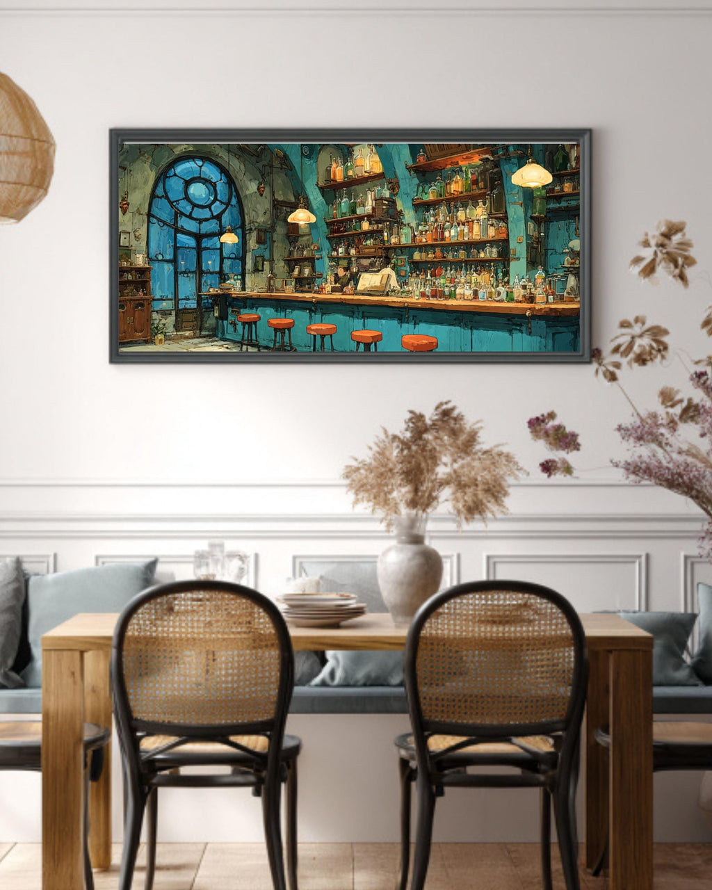 Steampunk Bar Canvas Wall Art – Colorful Bottles Fantasy Interior