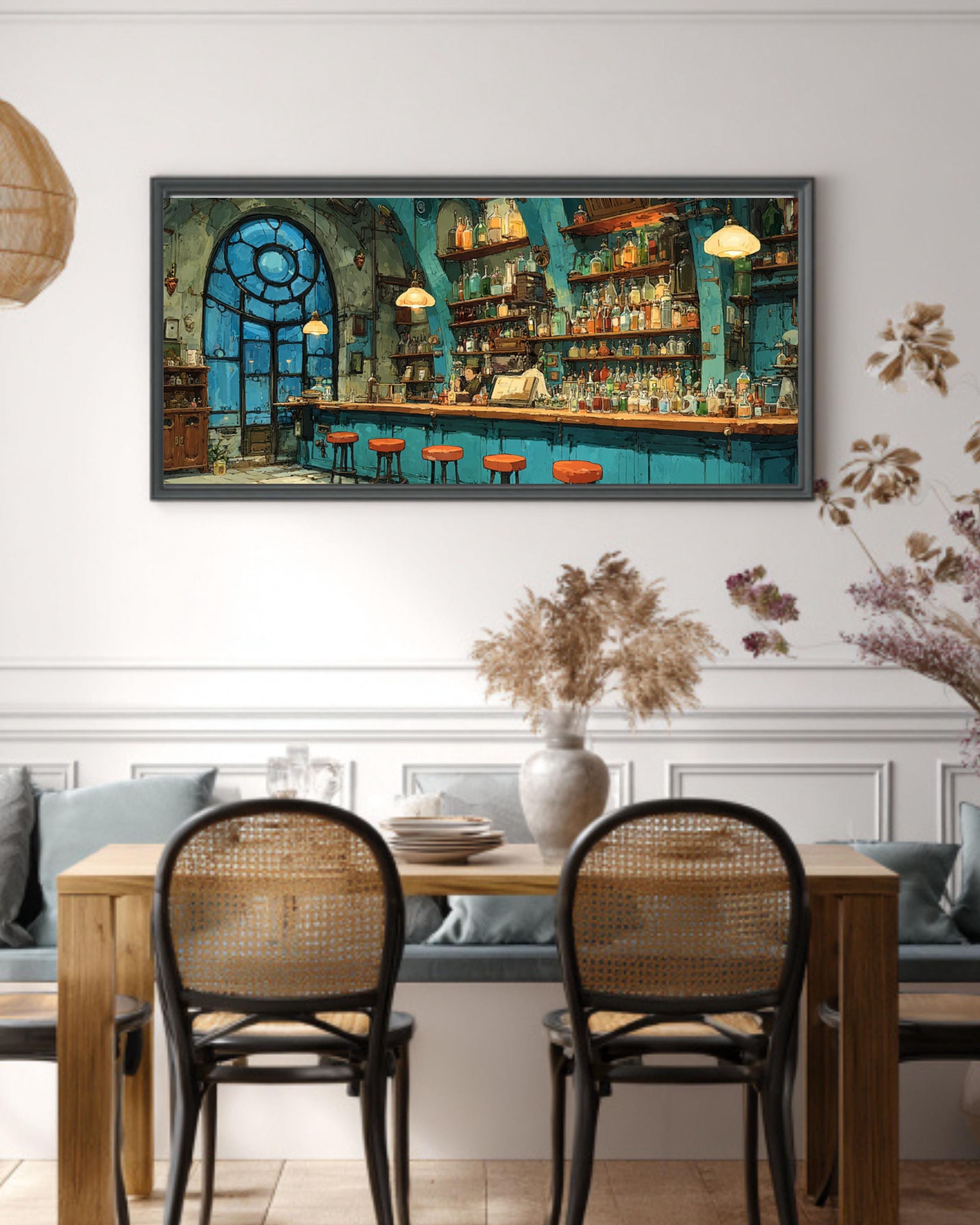 Steampunk Bar Canvas Wall Art – Colorful Bottles Fantasy Interior