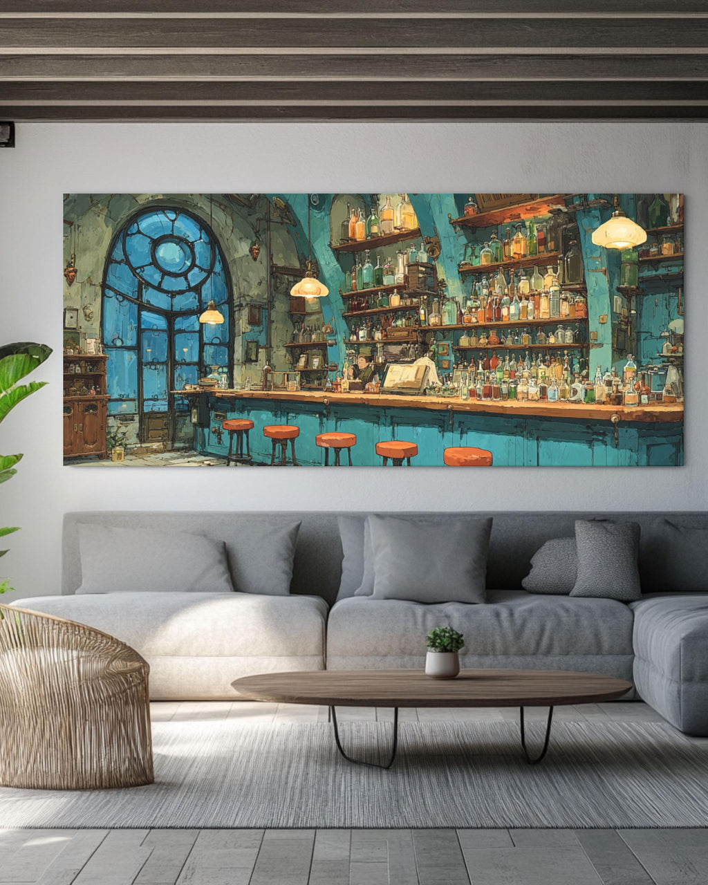 Steampunk Bar Canvas Wall Art – Colorful Bottles Fantasy Interior