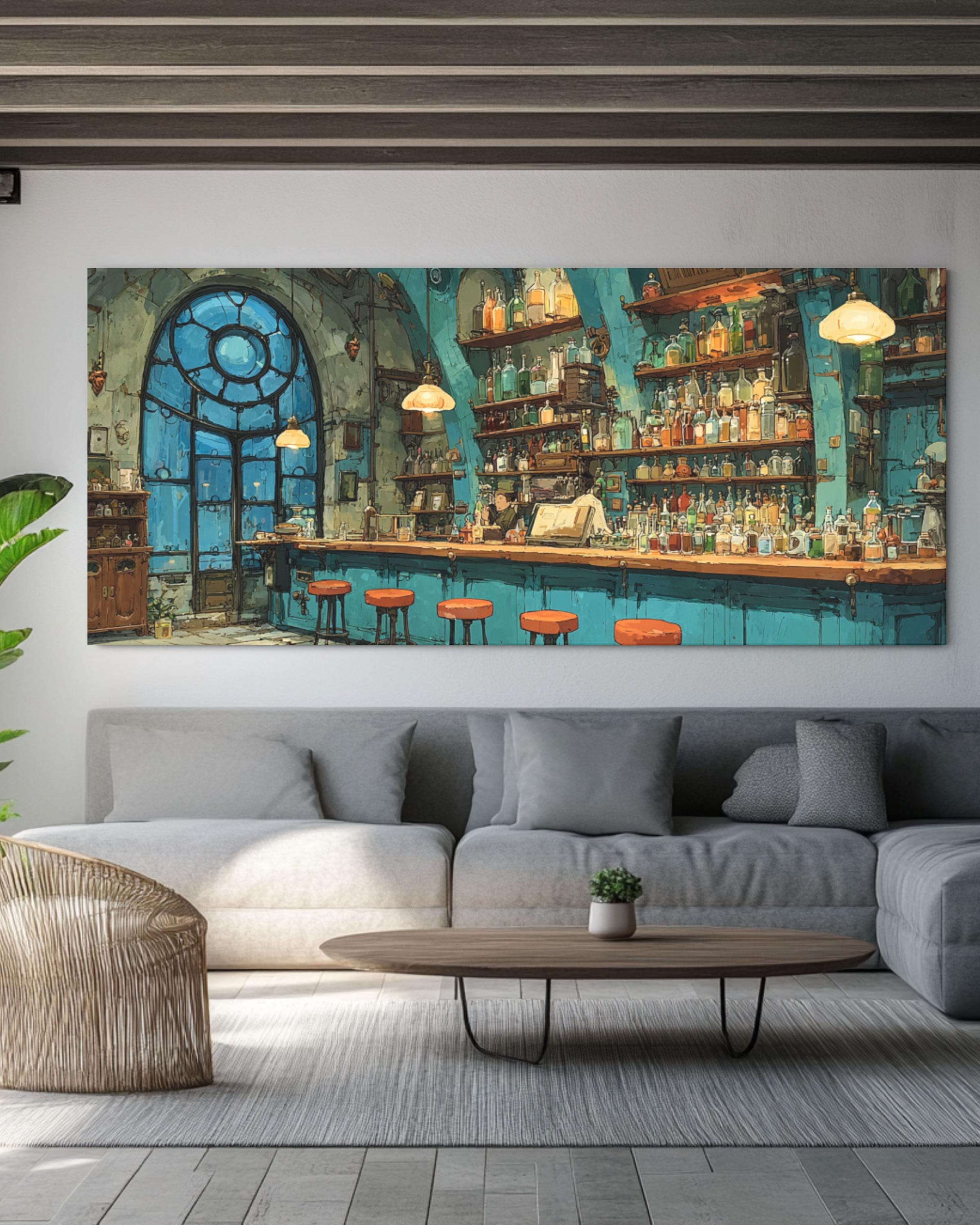 Steampunk Bar Canvas Wall Art – Colorful Bottles Fantasy Interior