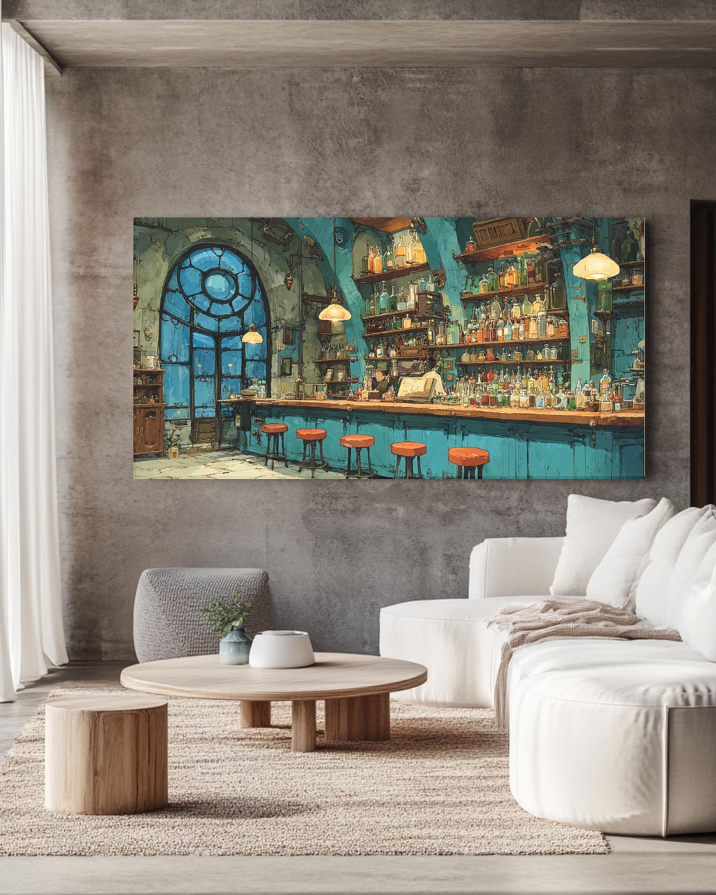 Steampunk Bar Canvas Wall Art – Colorful Bottles Fantasy Interior