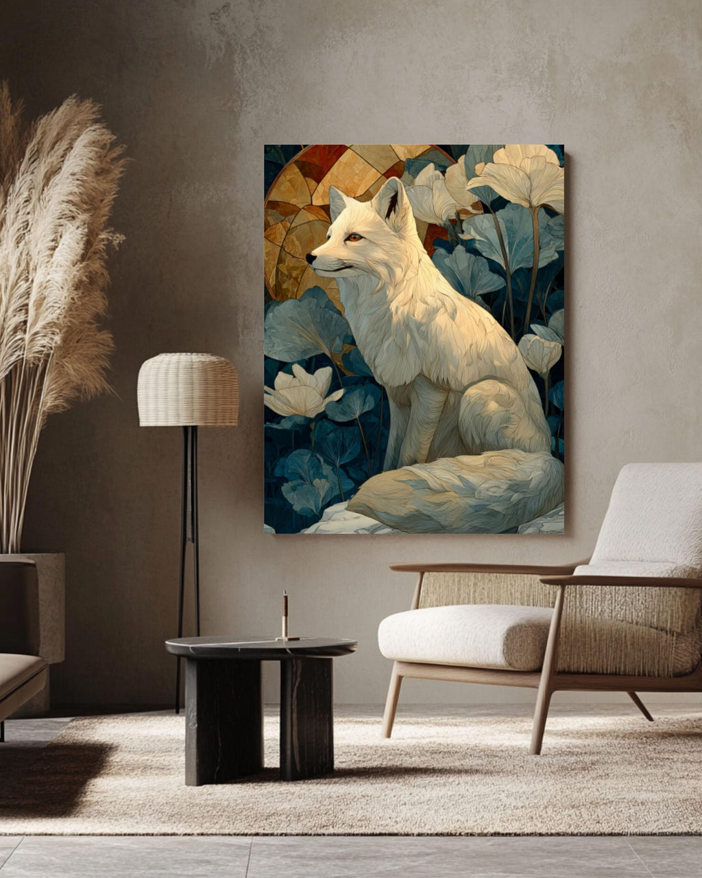 White Fox Winter Canvas Art – William Morris Style Wildlife Print