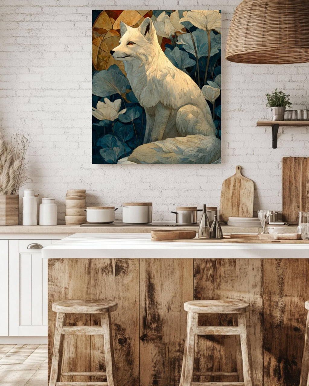 White Fox Winter Canvas Art – William Morris Style Wildlife Print