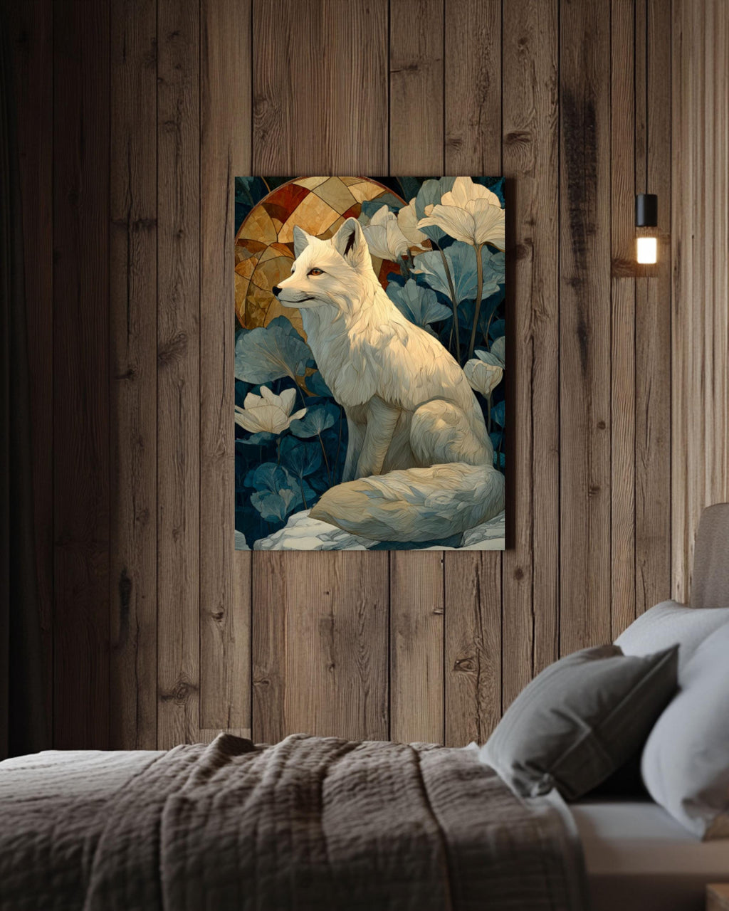 White Fox Winter Canvas Art – William Morris Style Wildlife Print