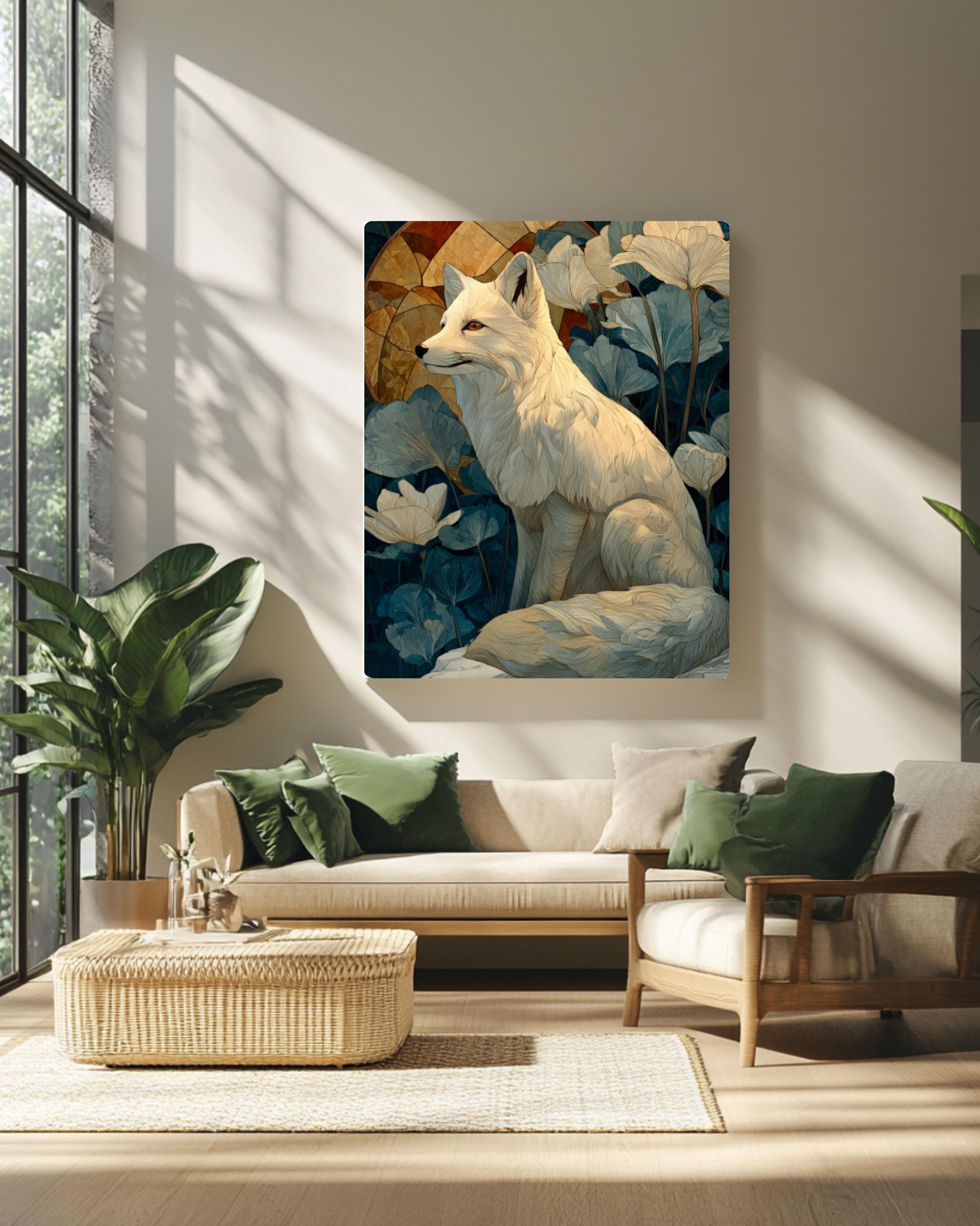White Fox Winter Canvas Art – William Morris Style Wildlife Print