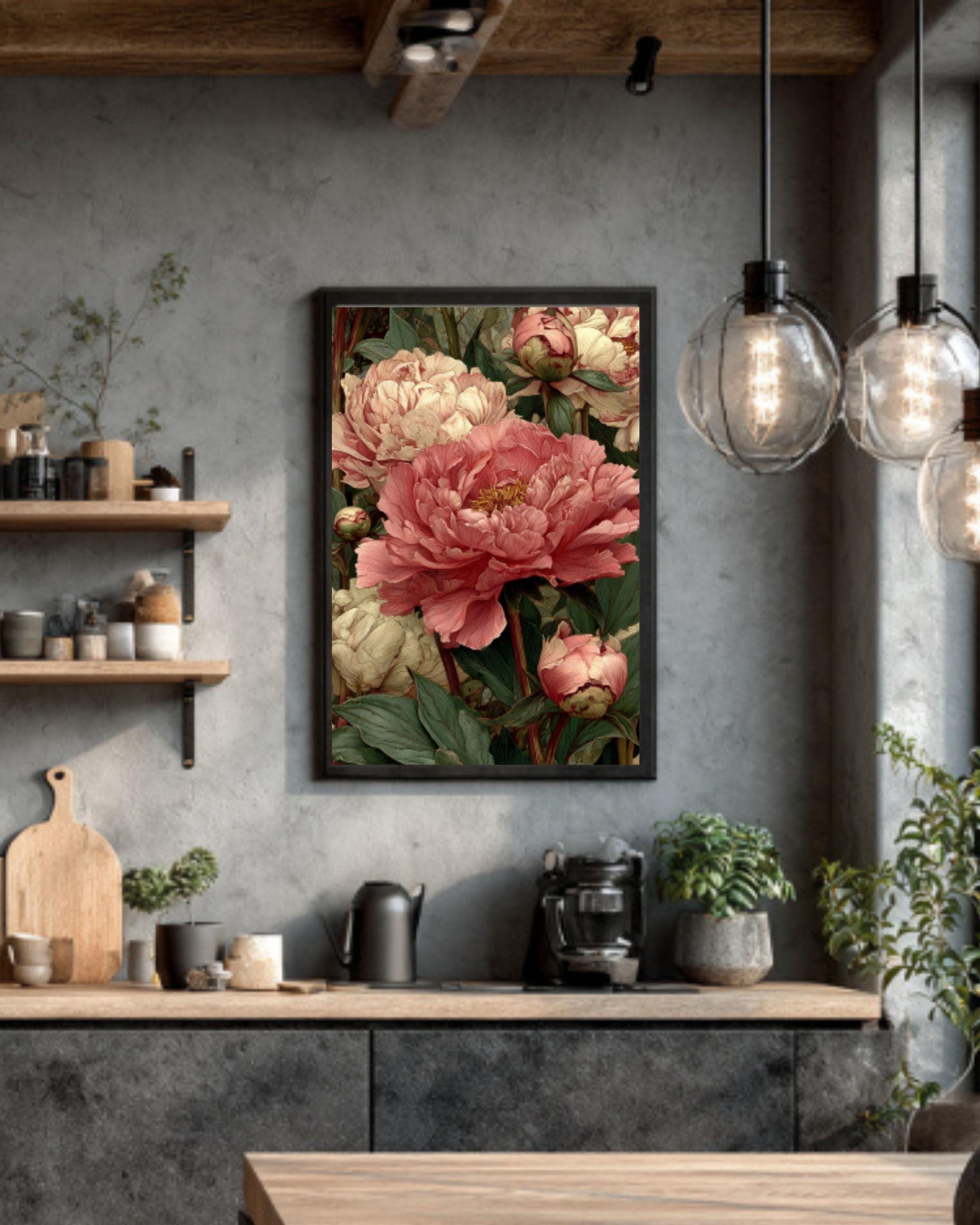 Victorian Peony Print: William Morris Style Botanical Art Canvas Wall Art – Modern Decor Print