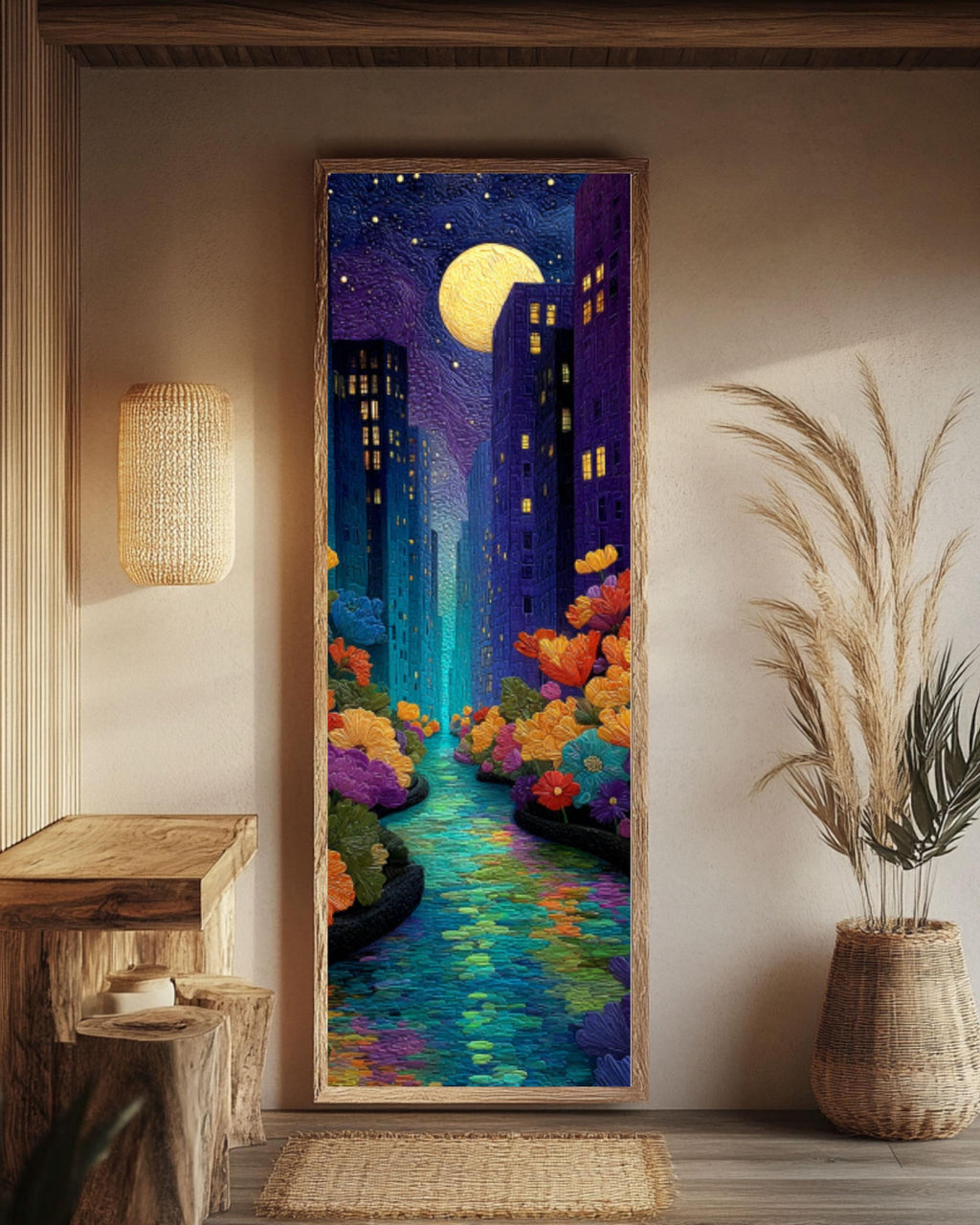 NYC Starry Night River Canvas Wall Art – Whimsical City Landscape