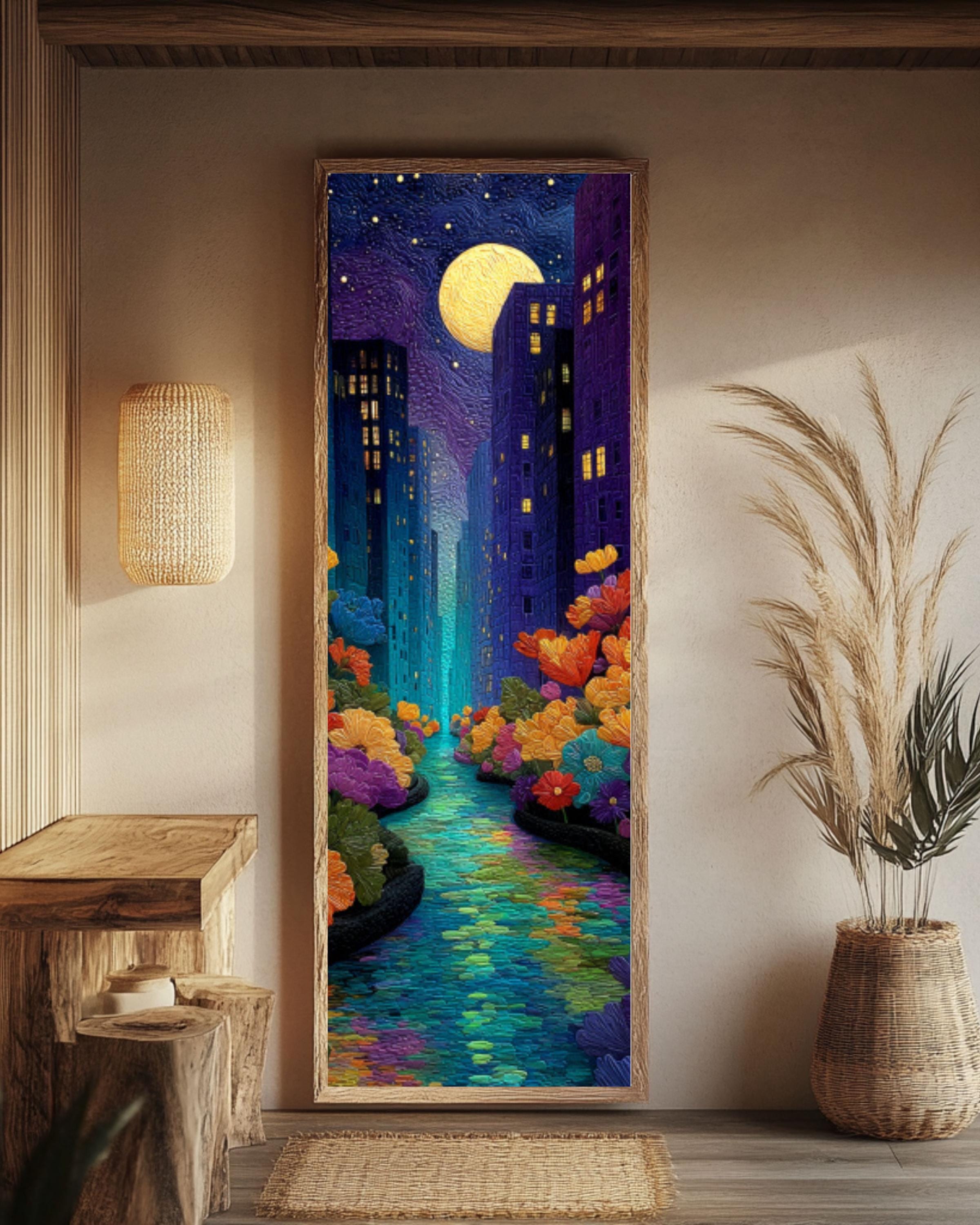 NYC Starry Night River Canvas Wall Art – Whimsical City Landscape