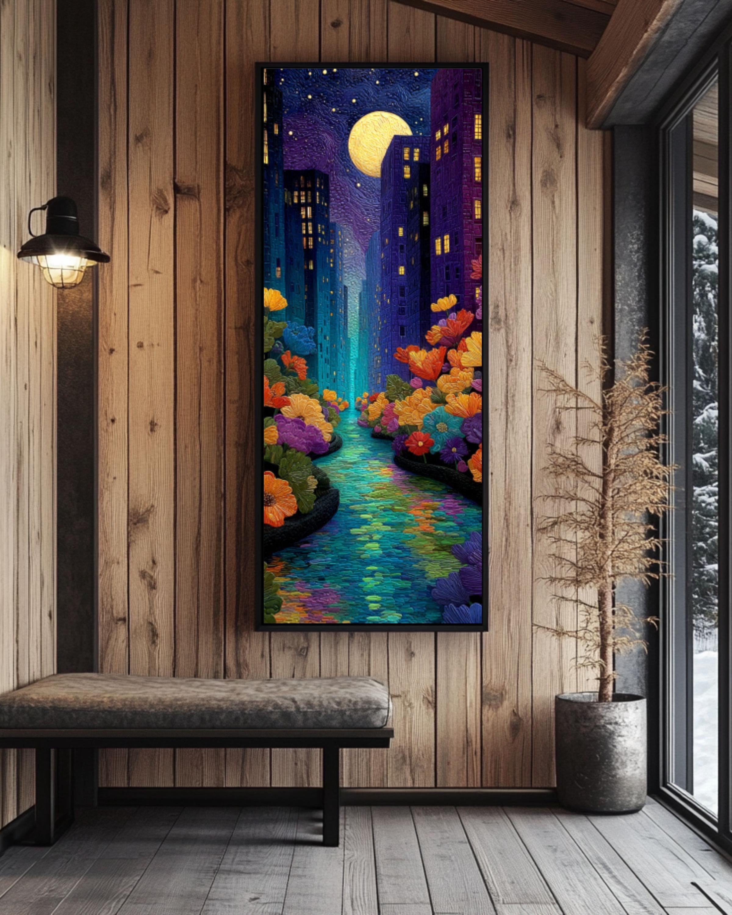 NYC Starry Night River Canvas Wall Art – Whimsical City Landscape