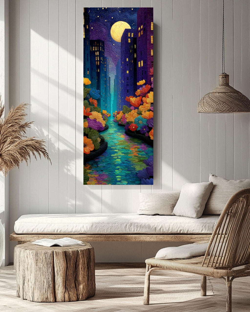 NYC Starry Night River Canvas Wall Art – Whimsical City Landscape