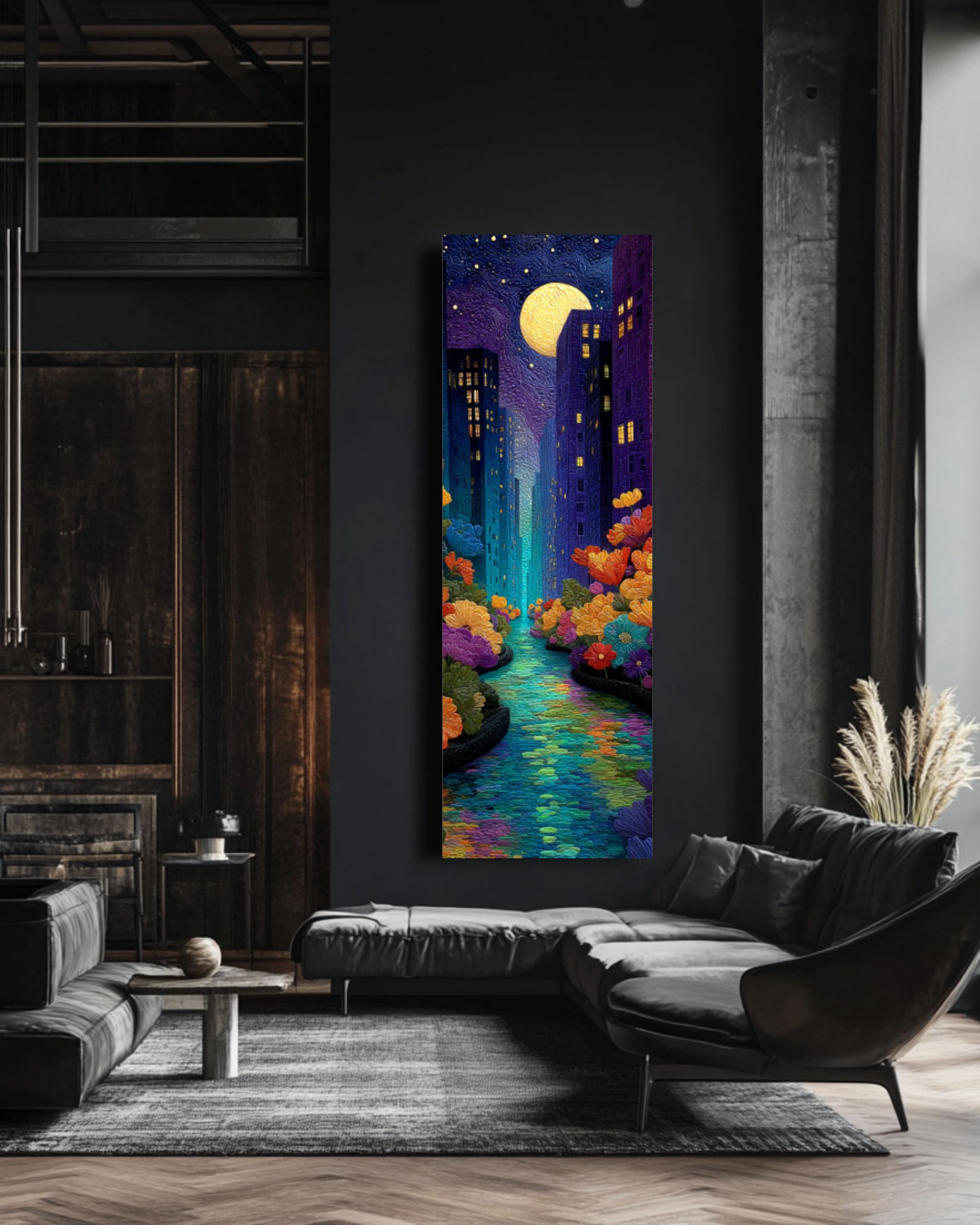 NYC Starry Night River Canvas Wall Art – Whimsical City Landscape