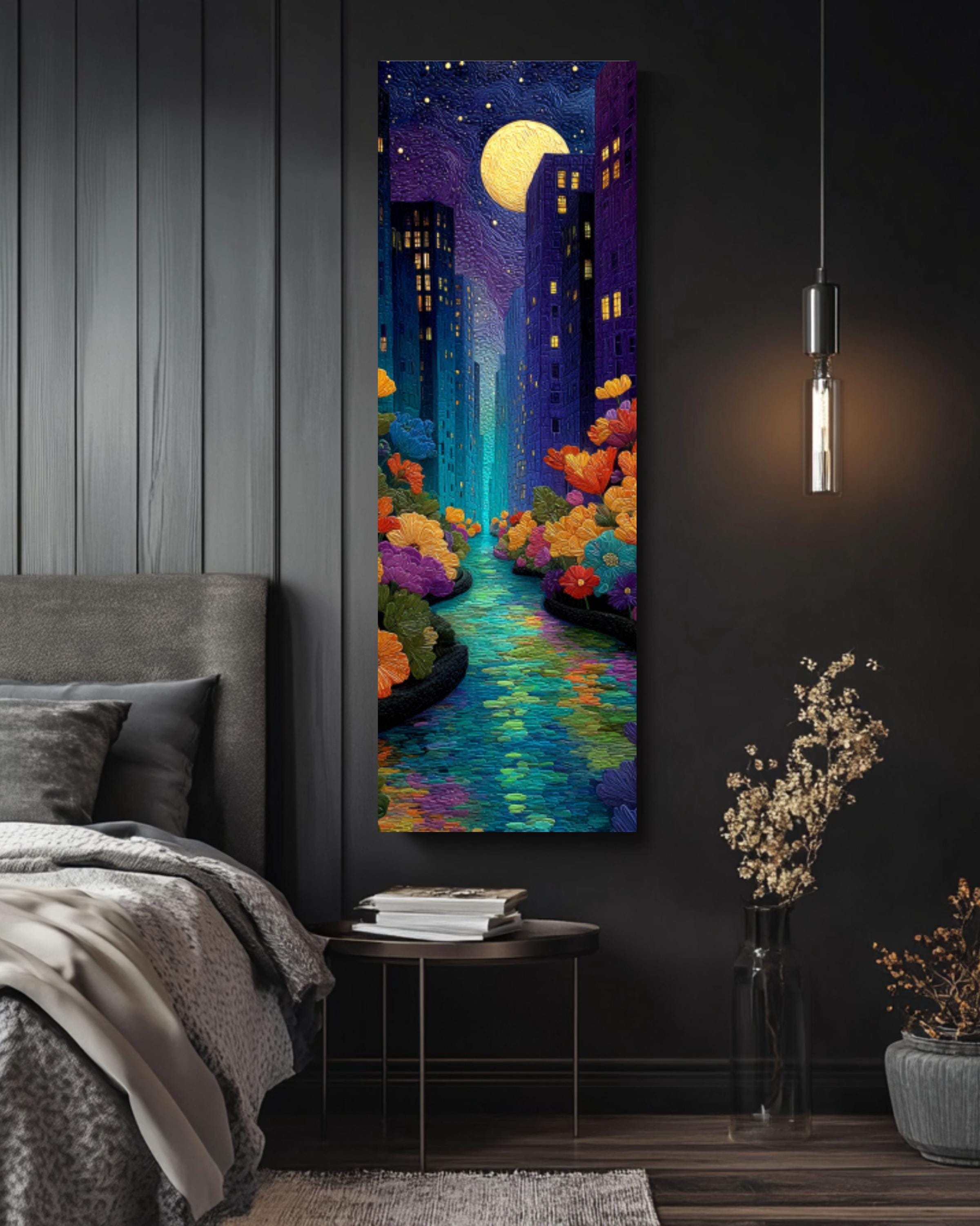 NYC Starry Night River Canvas Wall Art – Whimsical City Landscape