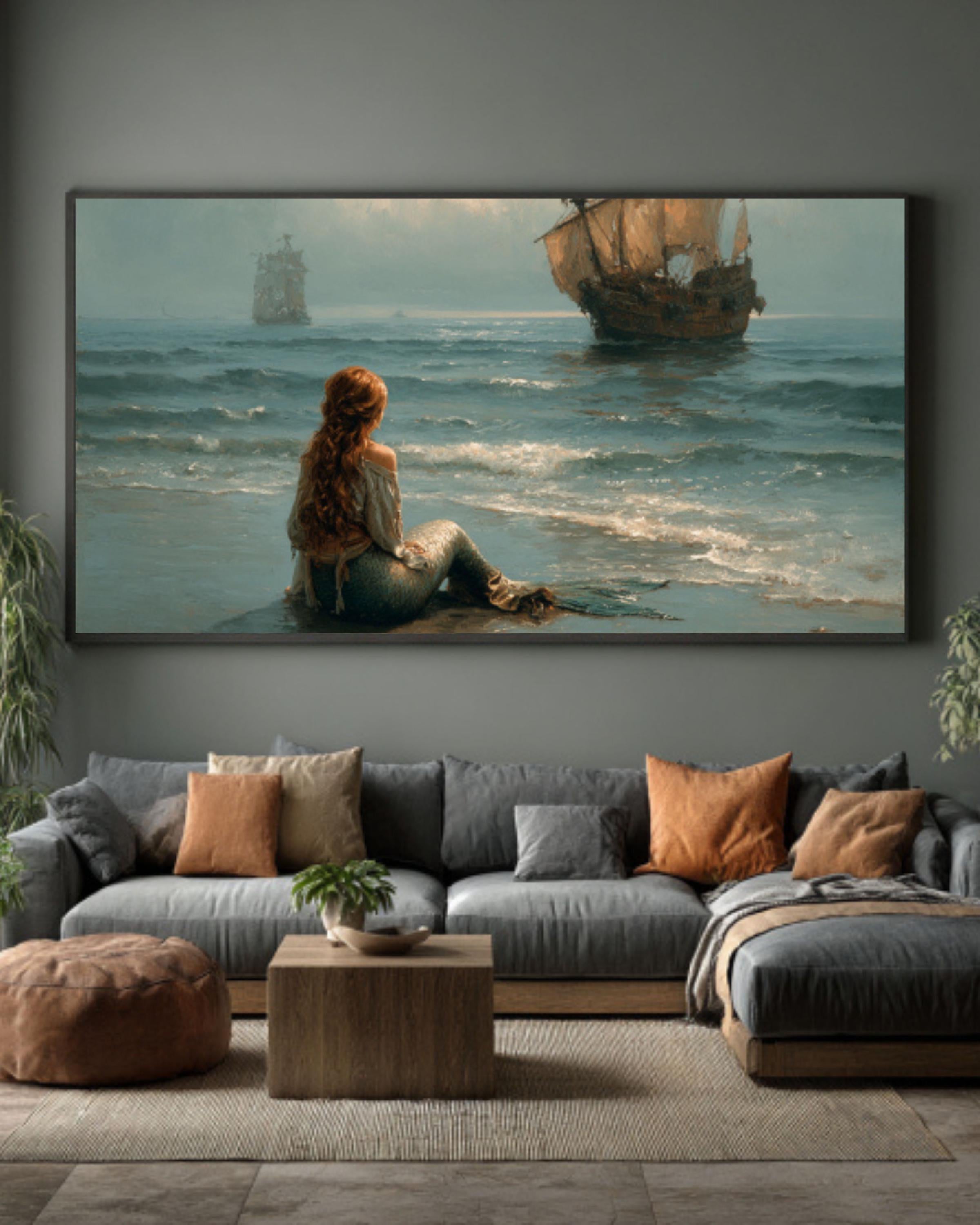 Mermaid & Medieval Ships Canvas Art – Fantasy Ocean Scene