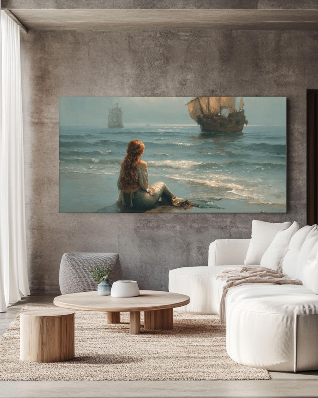 Mermaid & Medieval Ships Canvas Art – Fantasy Ocean Scene