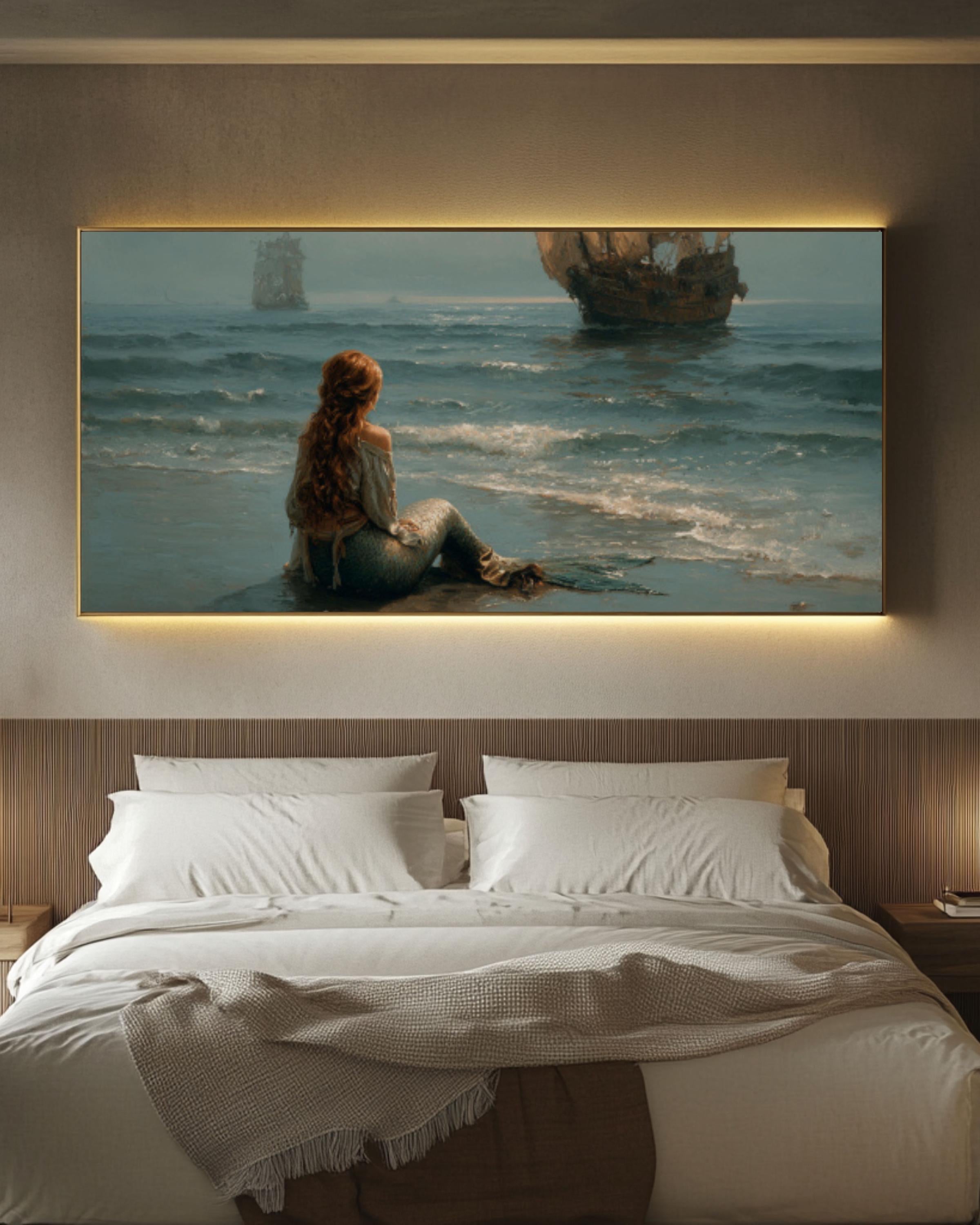 Mermaid & Medieval Ships Canvas Art – Fantasy Ocean Scene