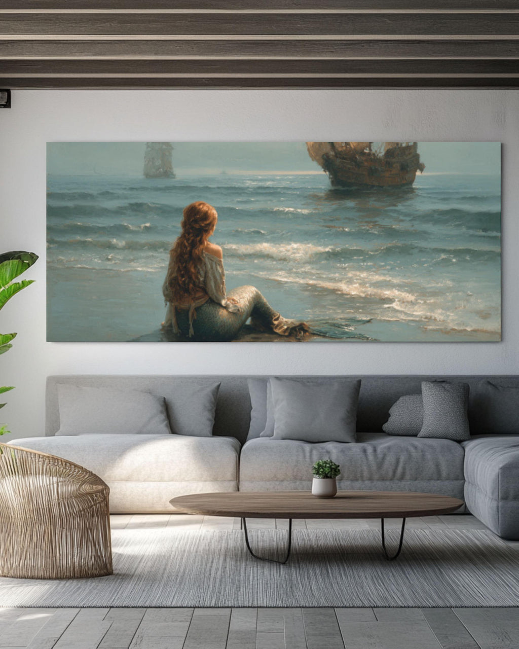 Mermaid & Medieval Ships Canvas Art – Fantasy Ocean Scene