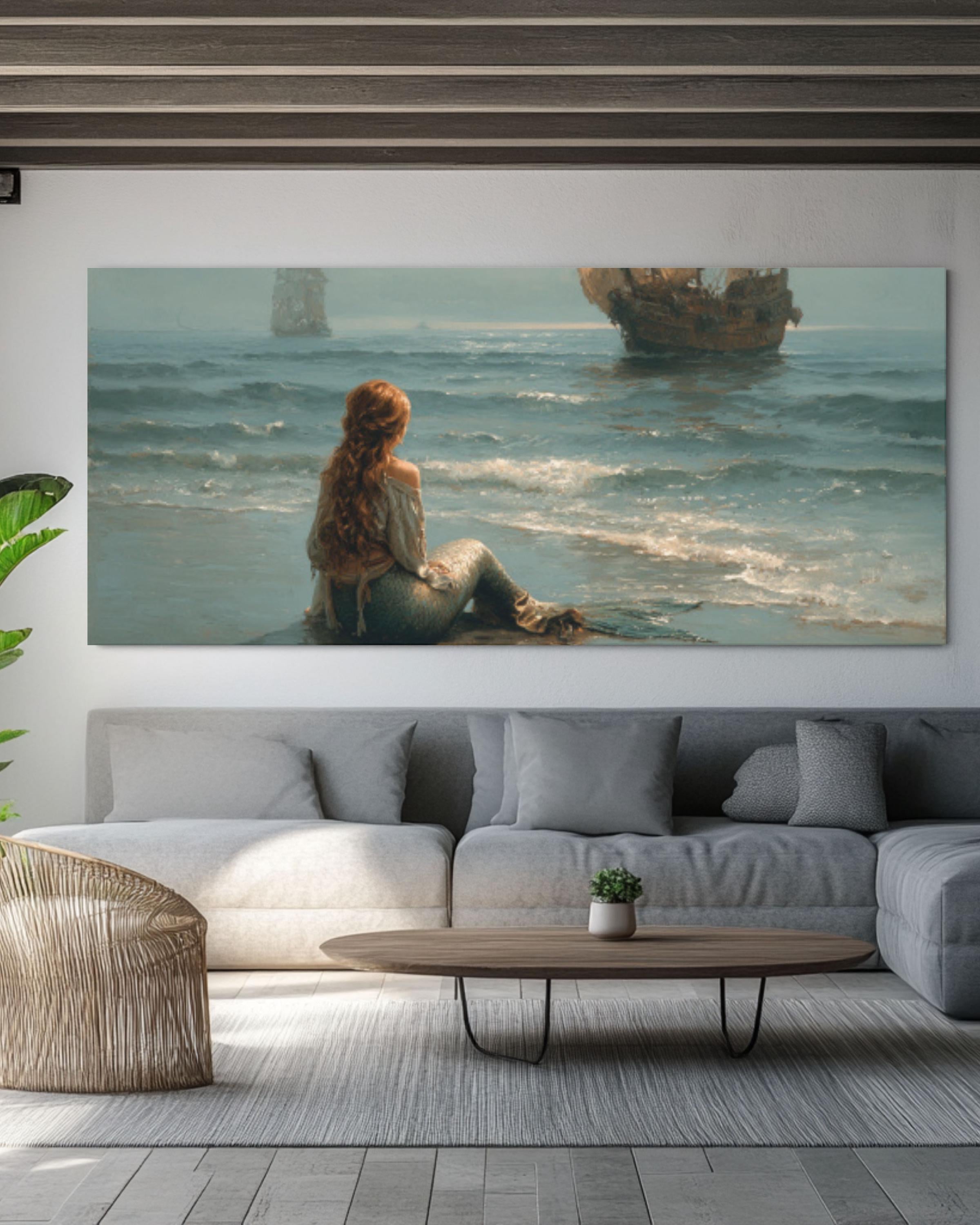 Mermaid & Medieval Ships Canvas Art – Fantasy Ocean Scene