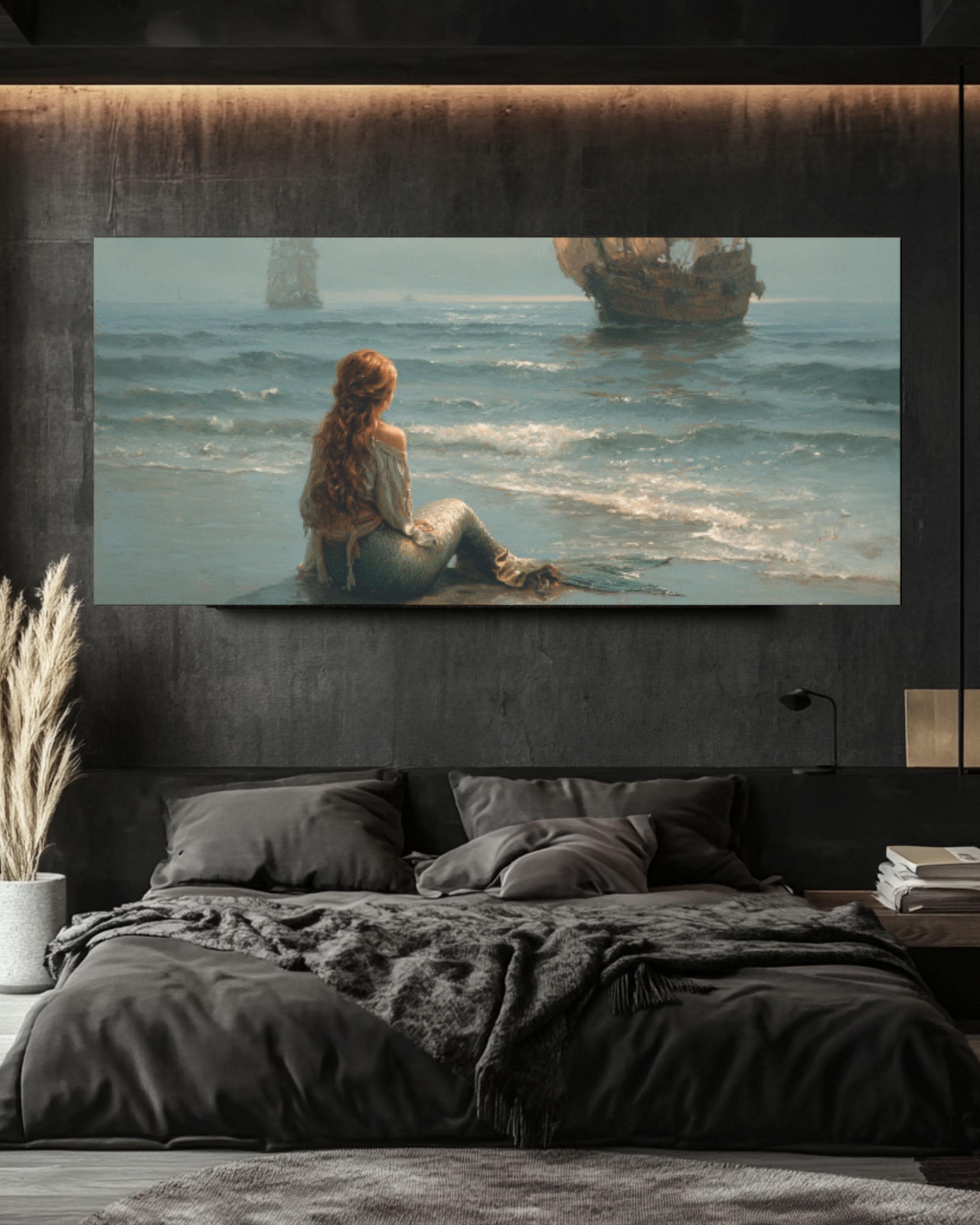 Mermaid & Medieval Ships Canvas Art – Fantasy Ocean Scene