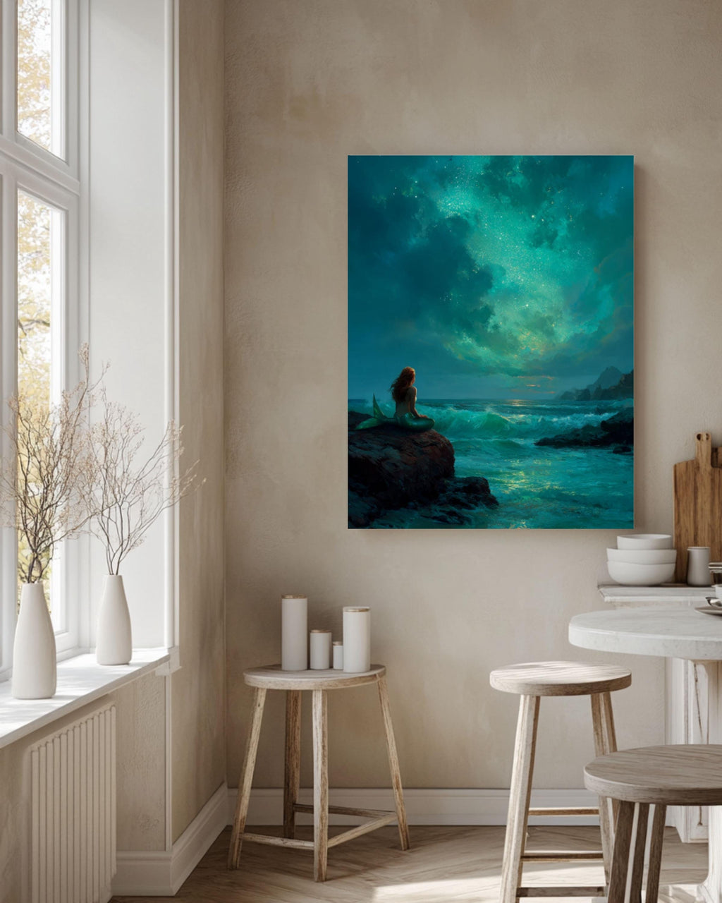 Moonlit Mermaid Fantasy Canvas Art – Emerald Ocean Scene