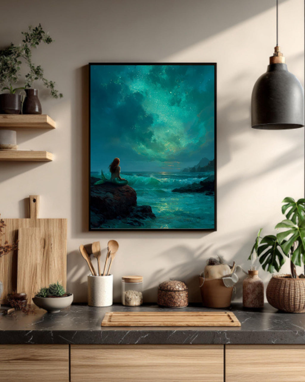 Moonlit Mermaid Fantasy Canvas Art – Emerald Ocean Scene