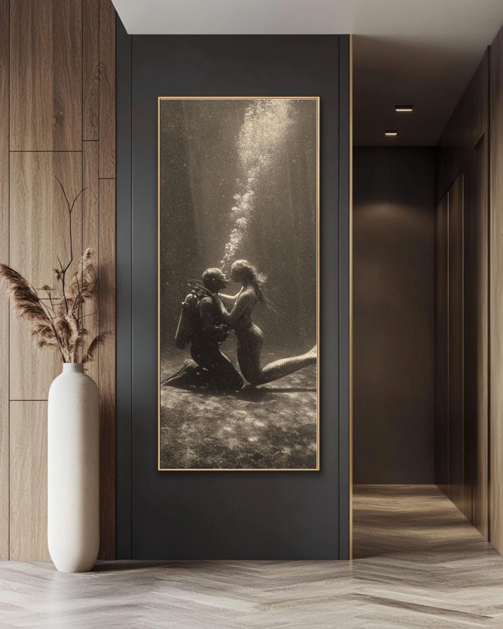 Vintage Mermaid and Diver Print - Sepia Underwater Love Scene Canvas Wall Art Print – Premium Home Decor