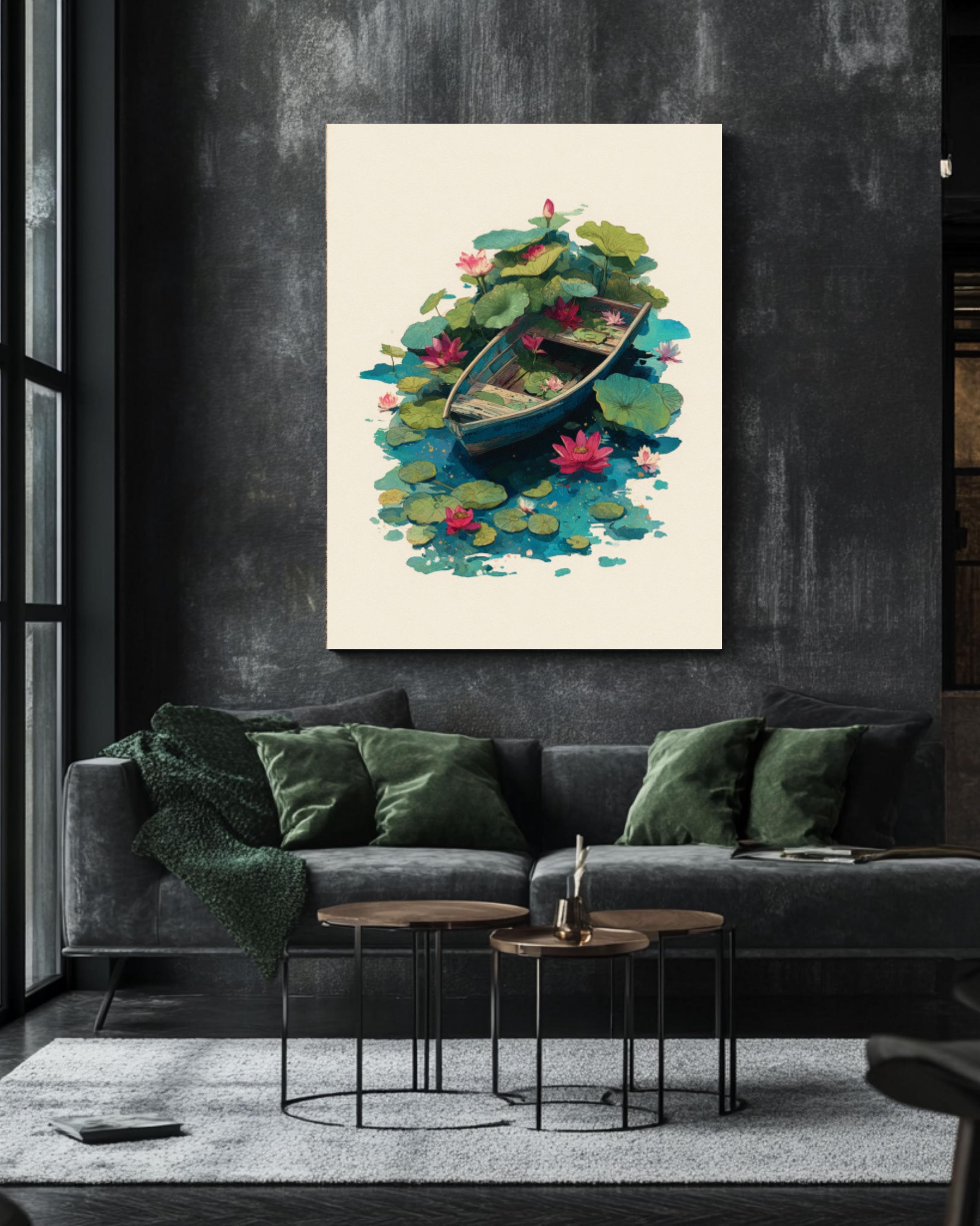 Lotus Flower Boat Art Print: Minimalist Oil & Watercolor Style for home and office wall décor