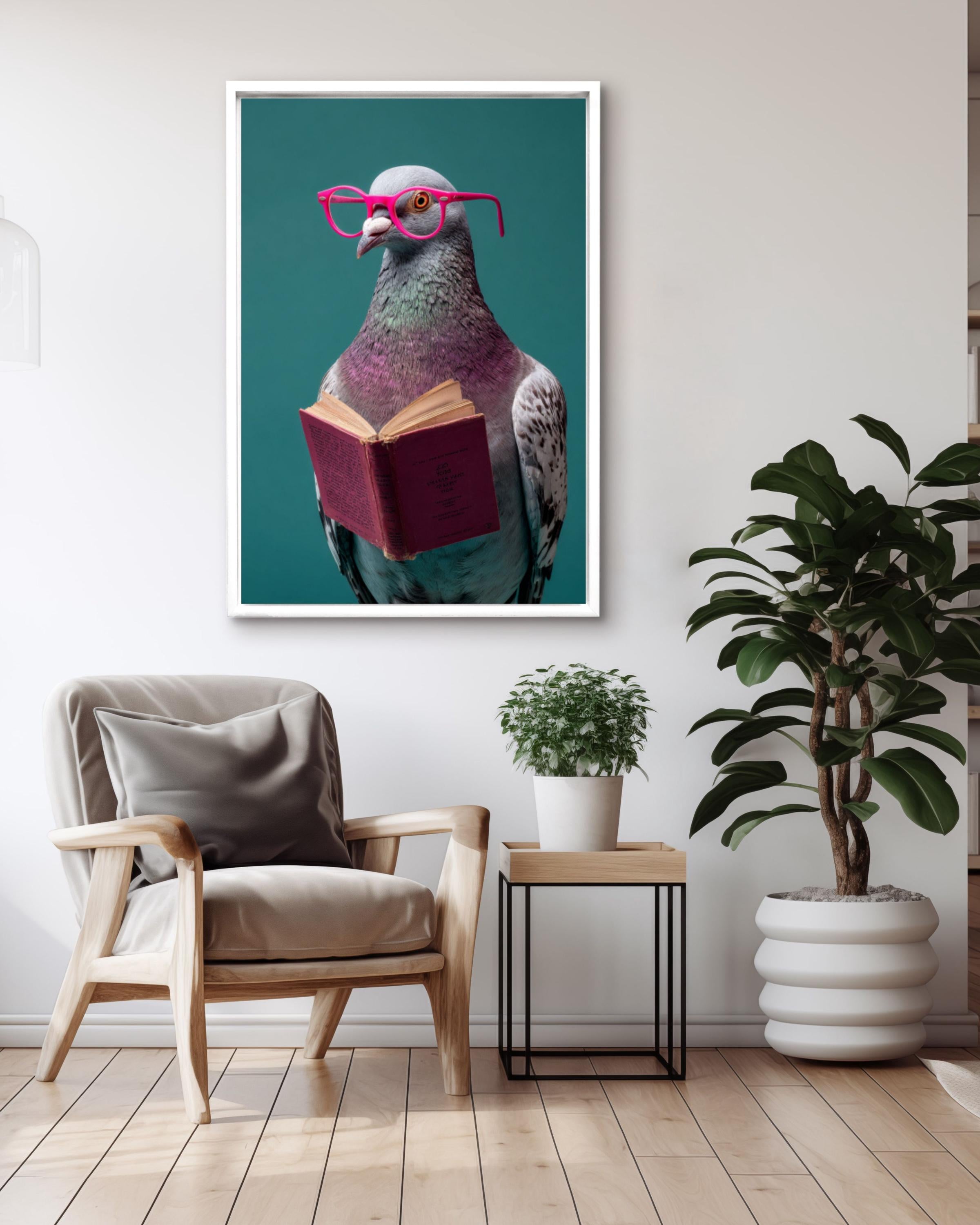 Funny Pigeon Reading Art: Quirky Bird Print with Pink Glasses for home and office wall décor